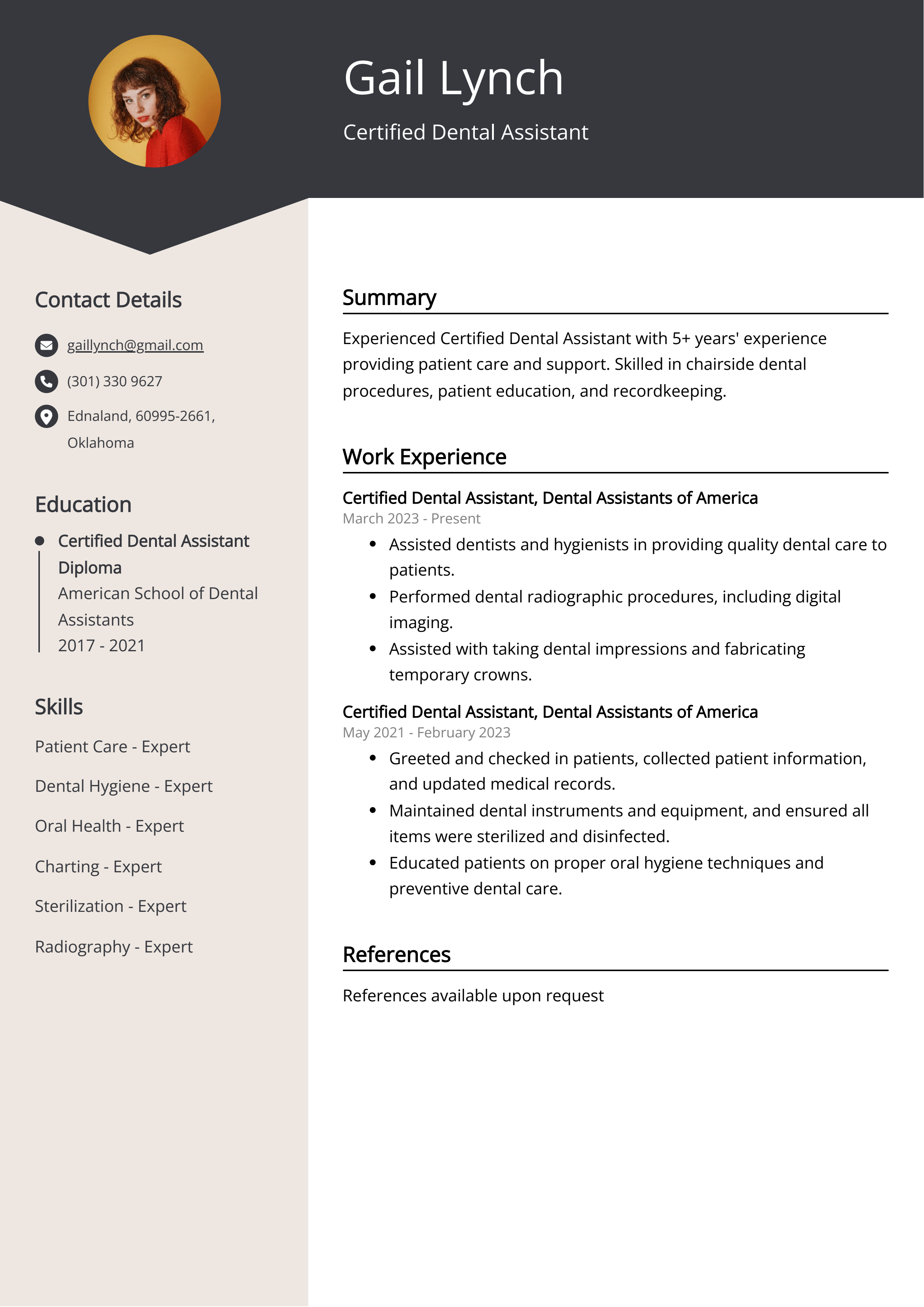 Certified Dental Assistant CV Example
