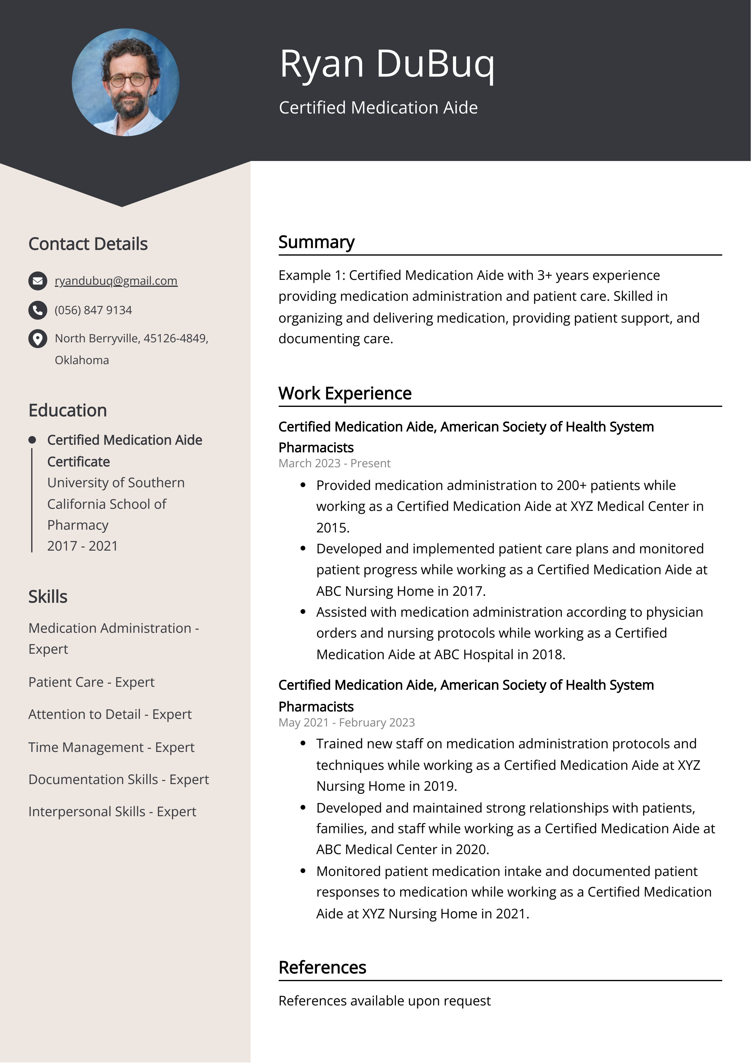 Certified Medication Aide CV Example