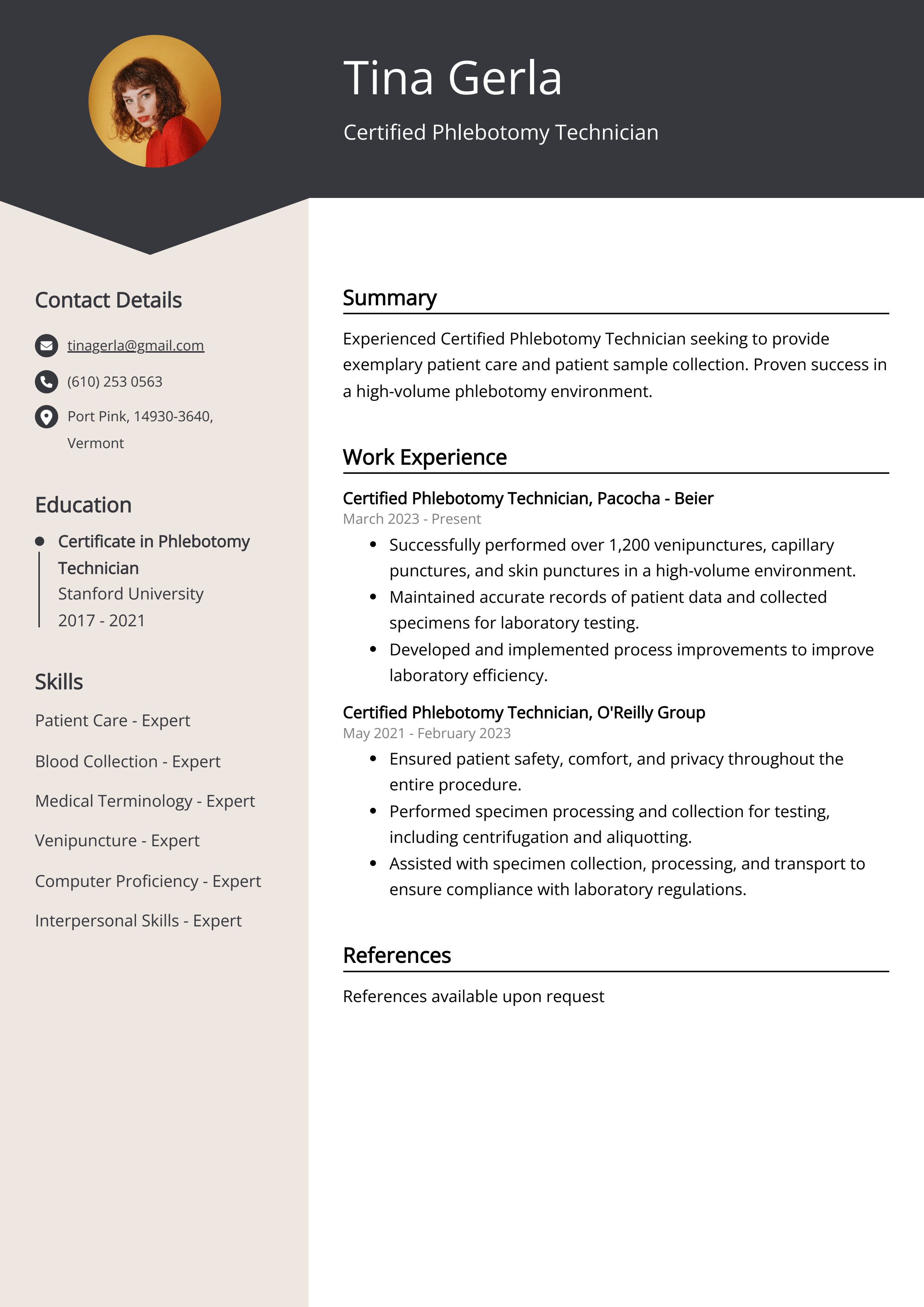 Certified Phlebotomy Technician CV Example