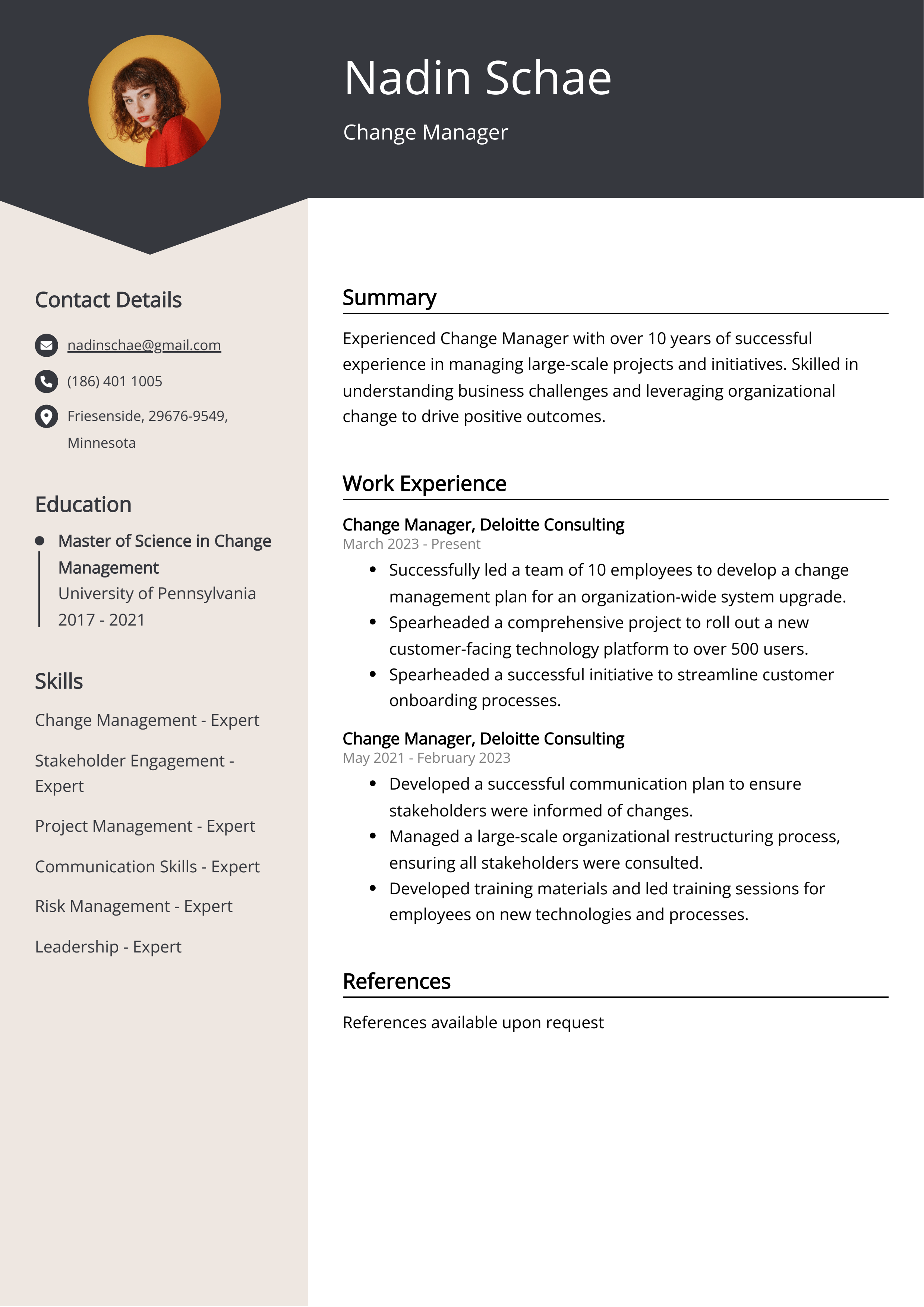 Change Manager CV Example