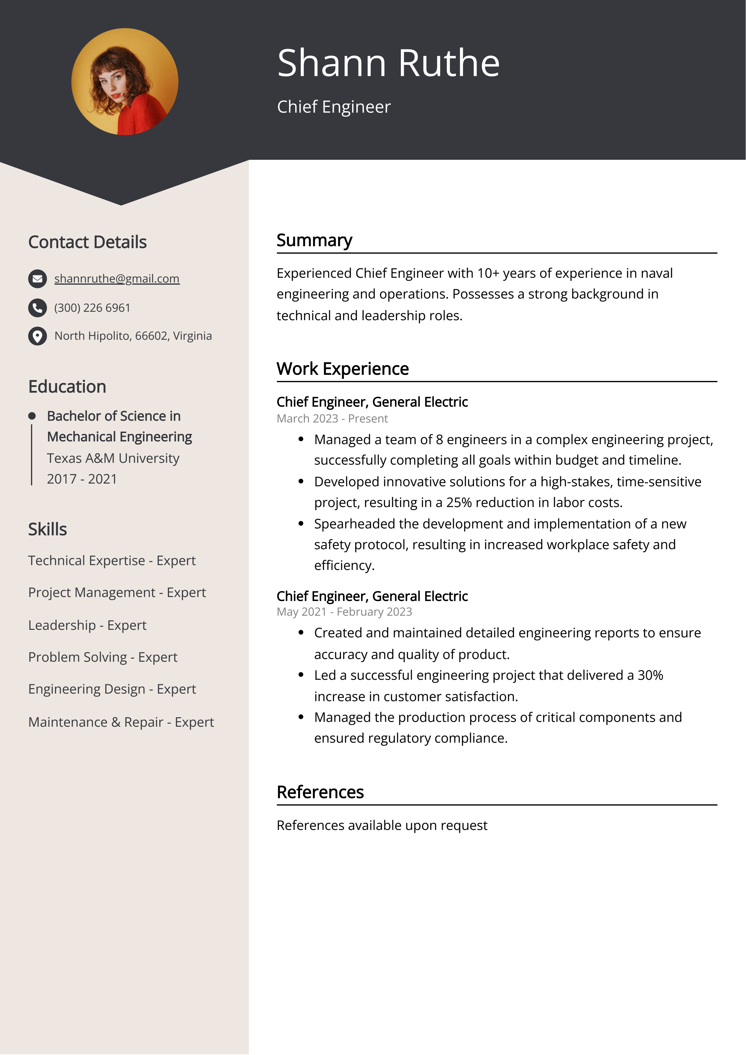 Chief Engineer CV Example