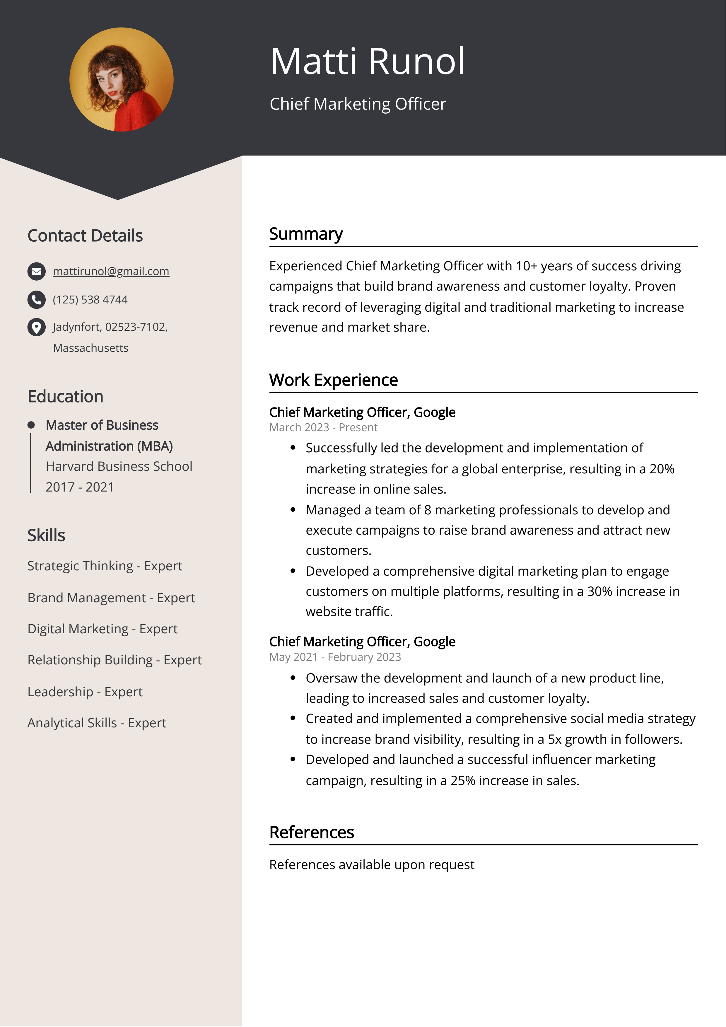 Chief Marketing Officer CV Example