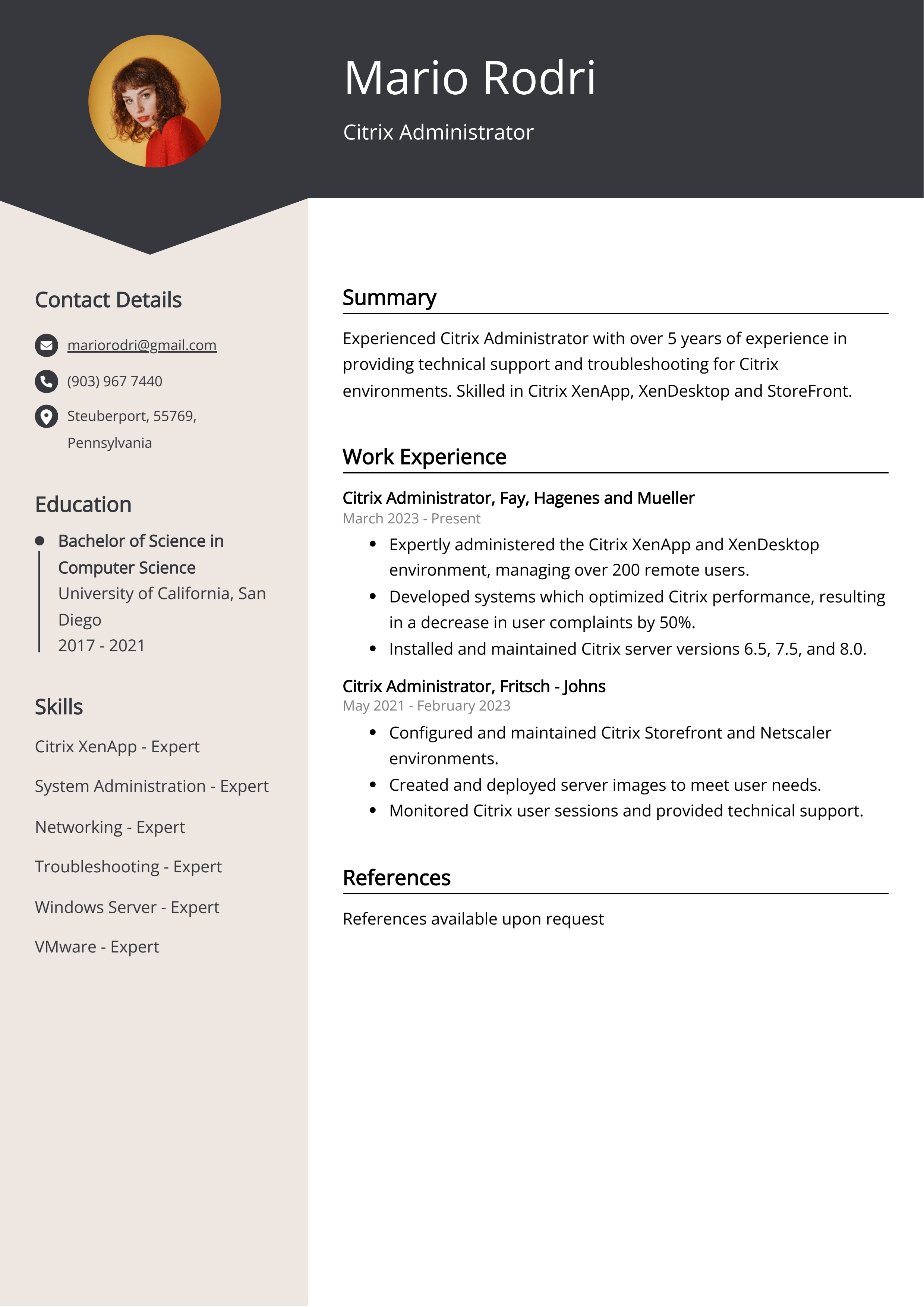 Citrix Administrator CV Example