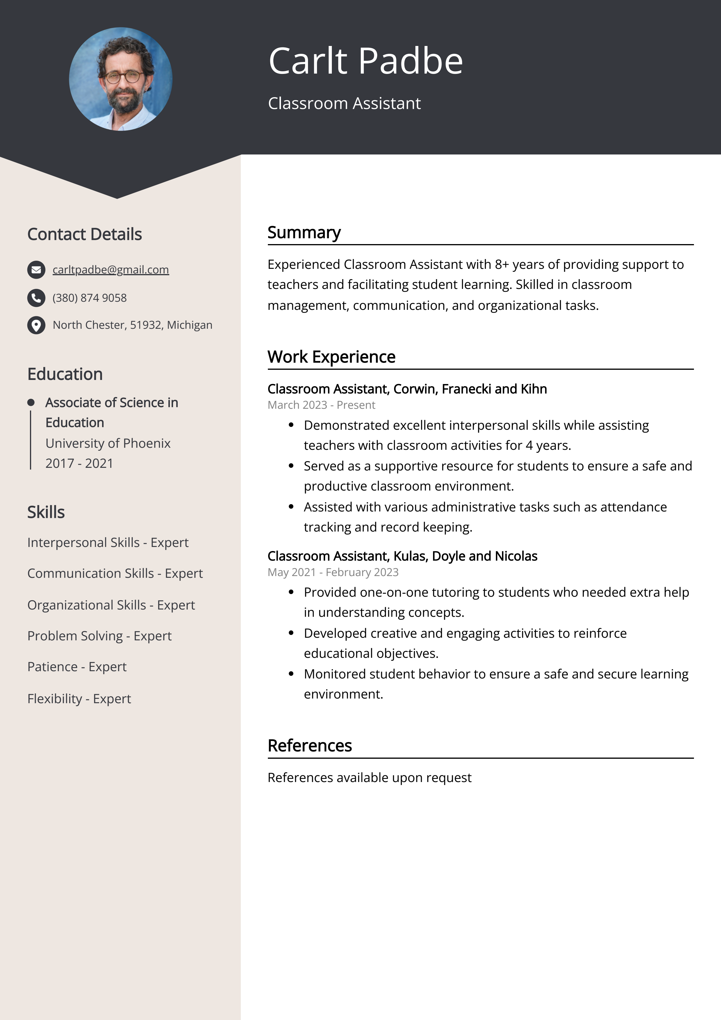 Classroom Assistant CV Example