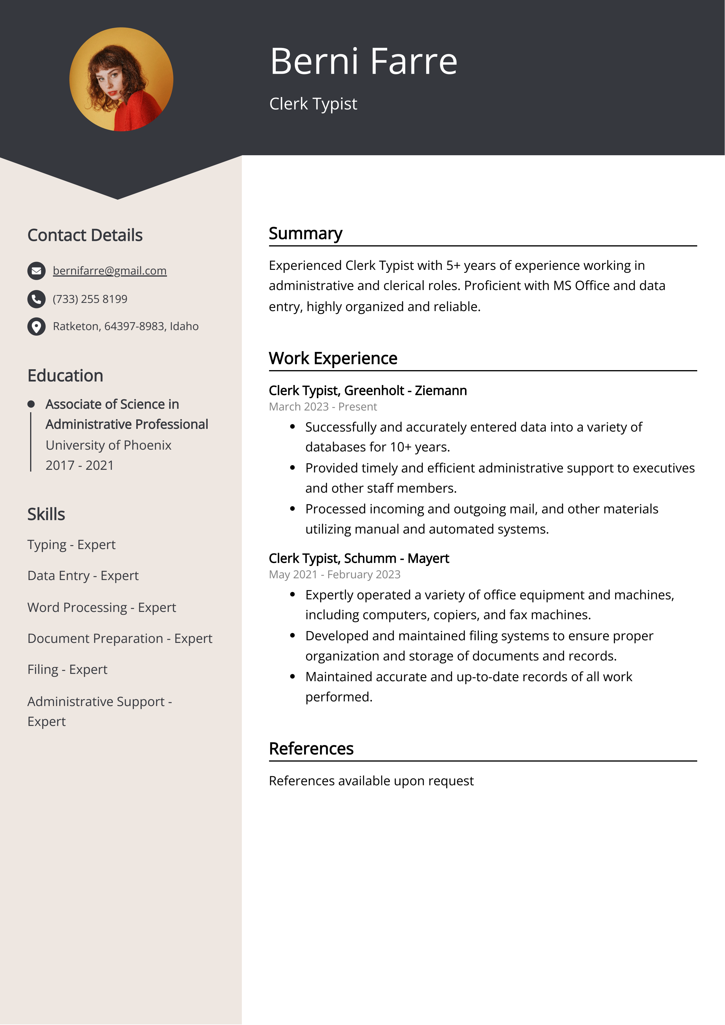 Clerk Typist CV Example