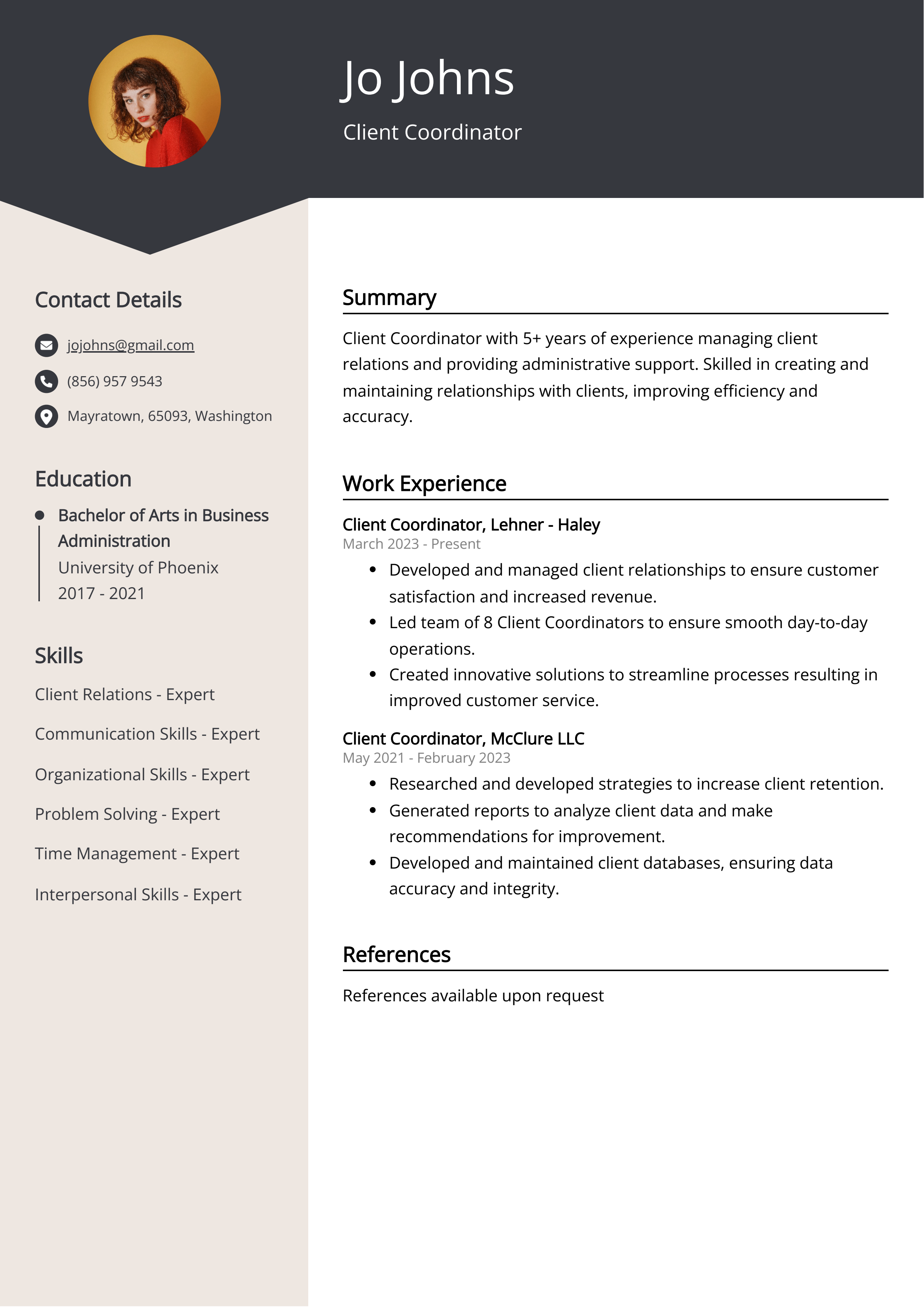 Client Coordinator CV Example