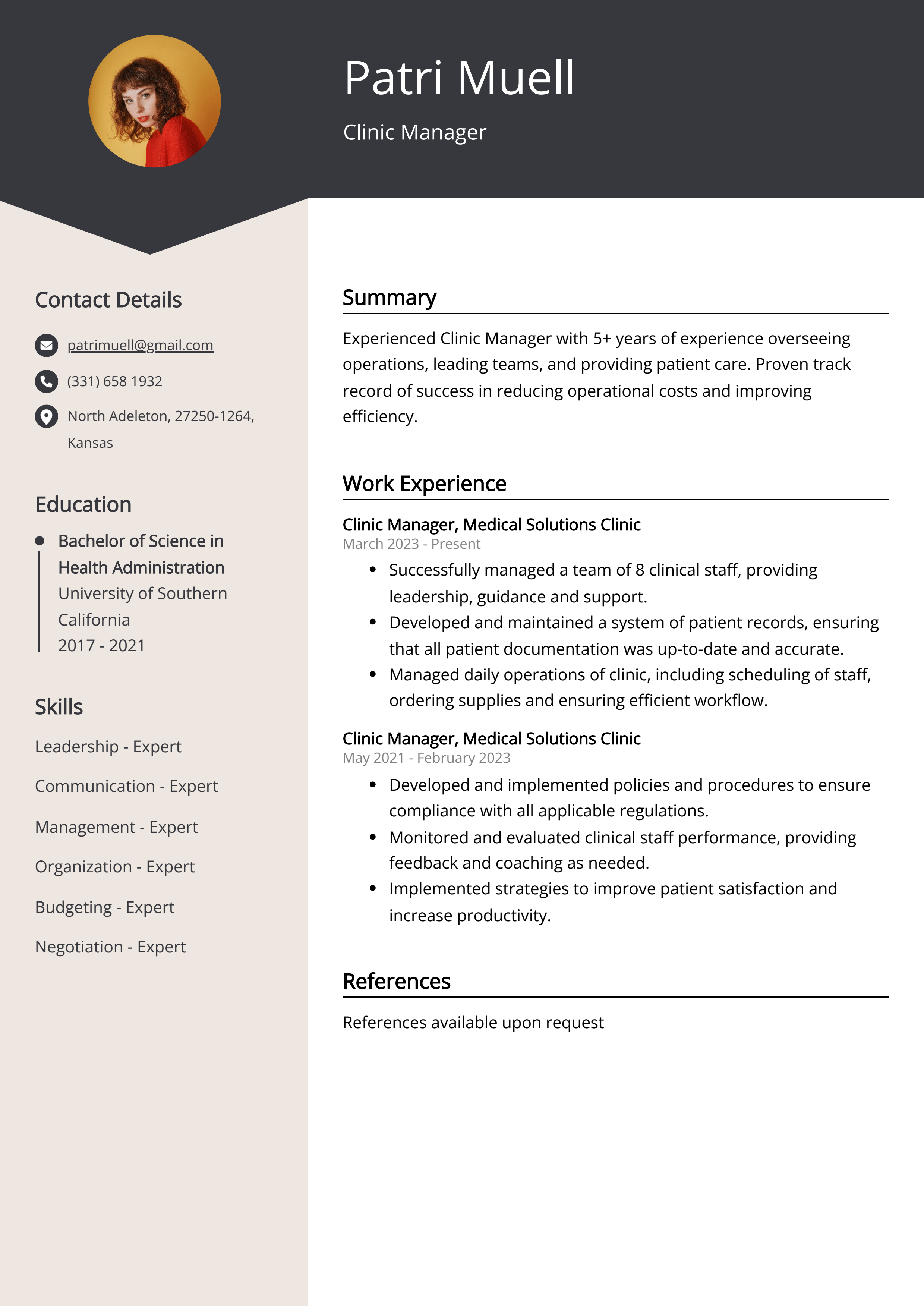 Clinic Manager CV Example