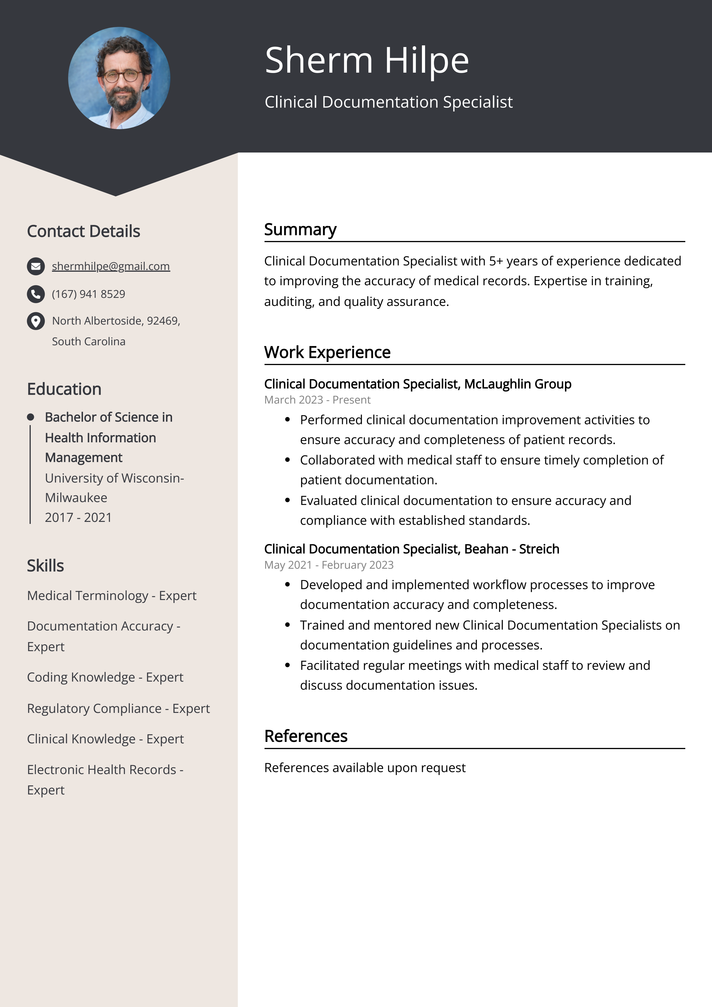Clinical Documentation Specialist CV Example