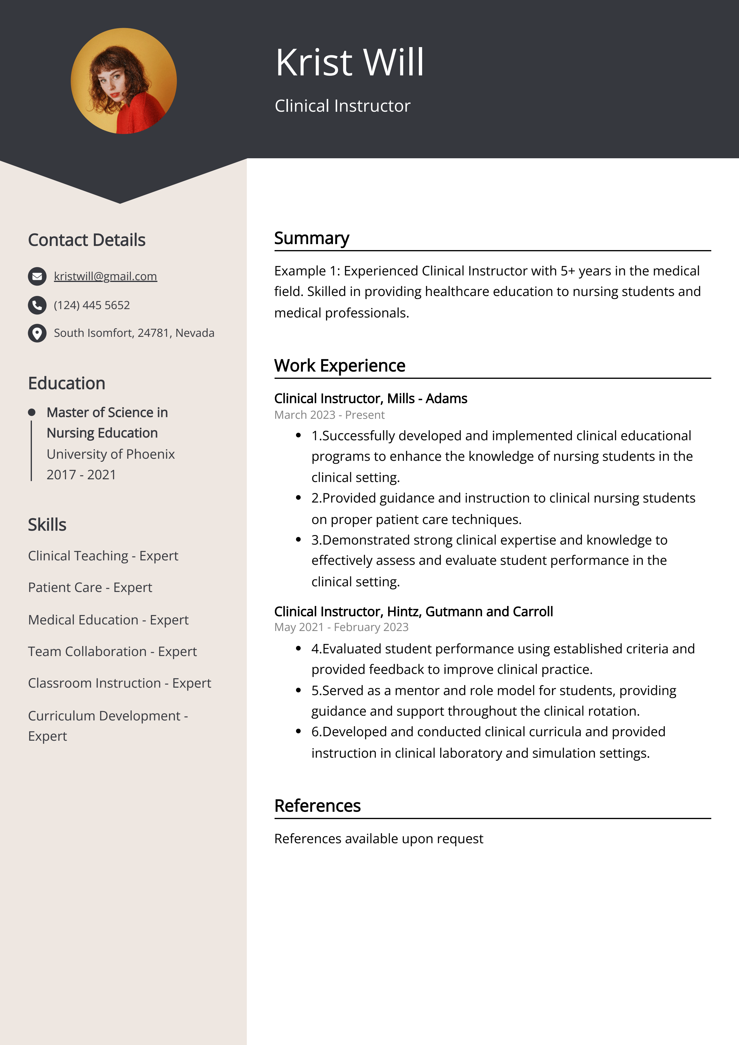 Clinical Instructor CV Example