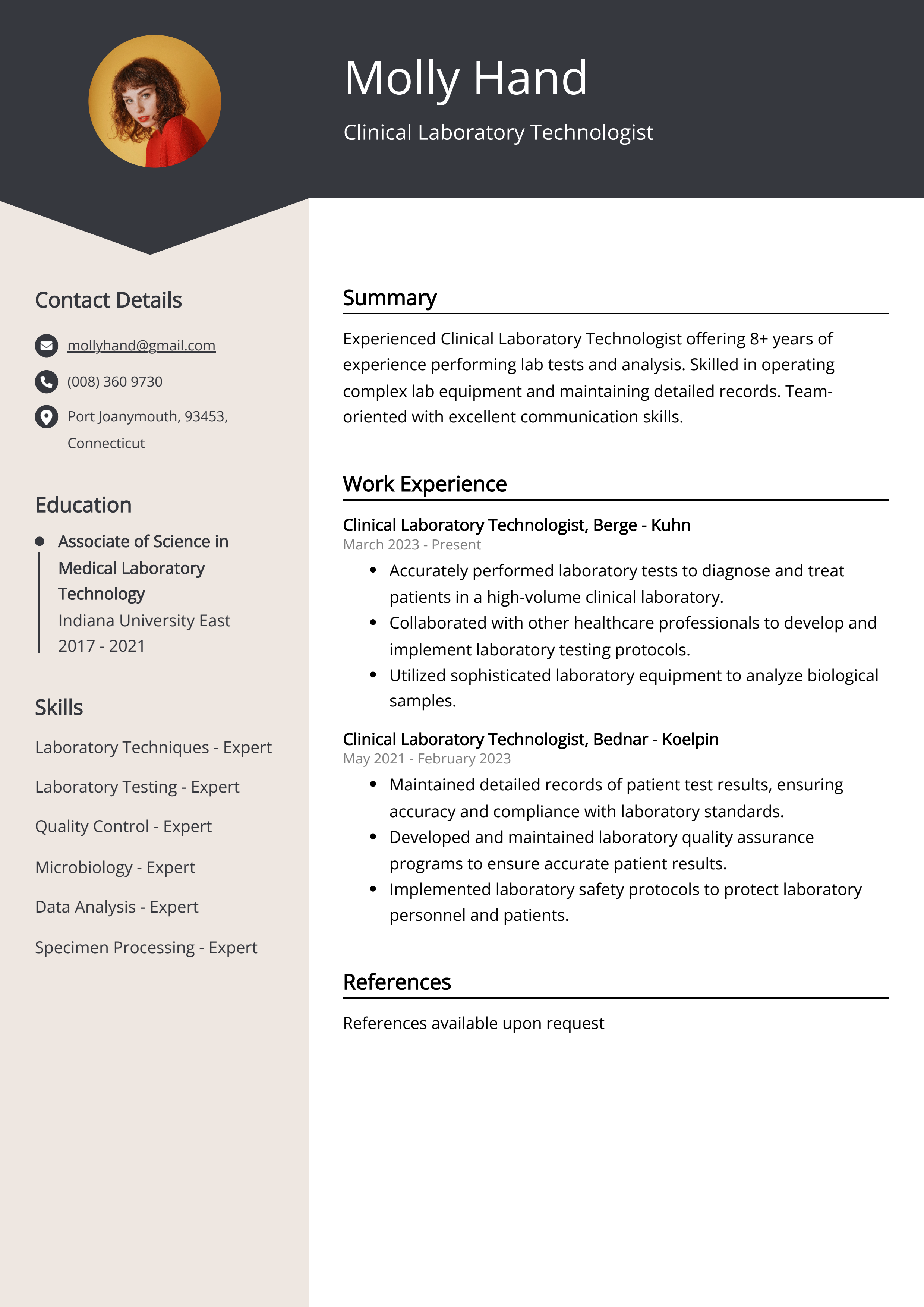 Clinical Laboratory Technologist CV Example