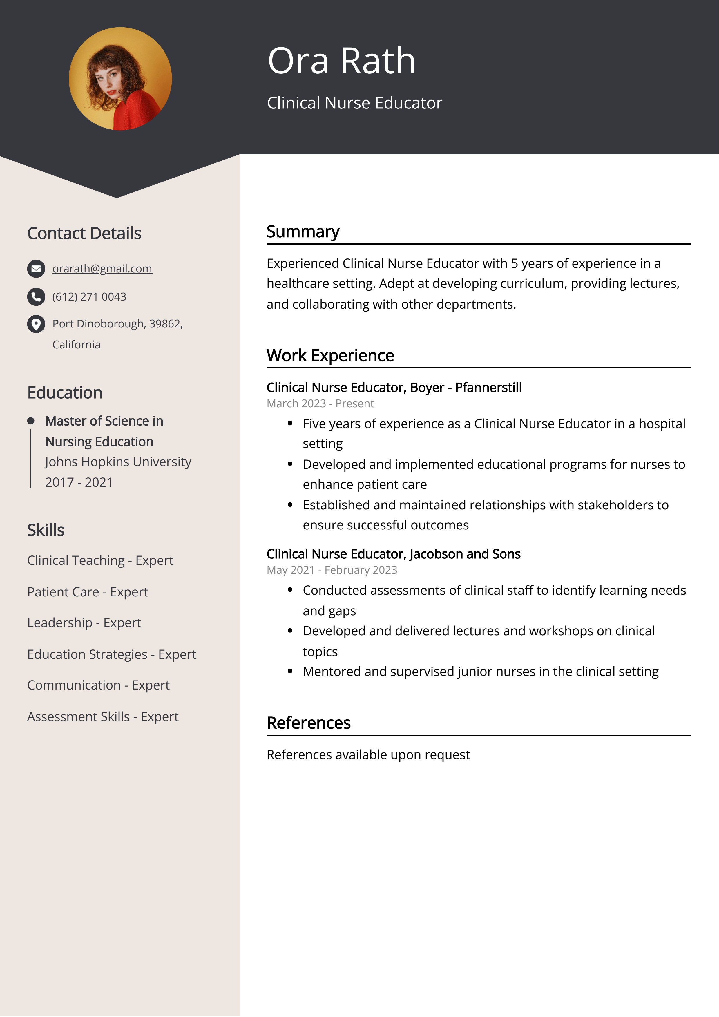 Clinical Nurse Educator CV Example