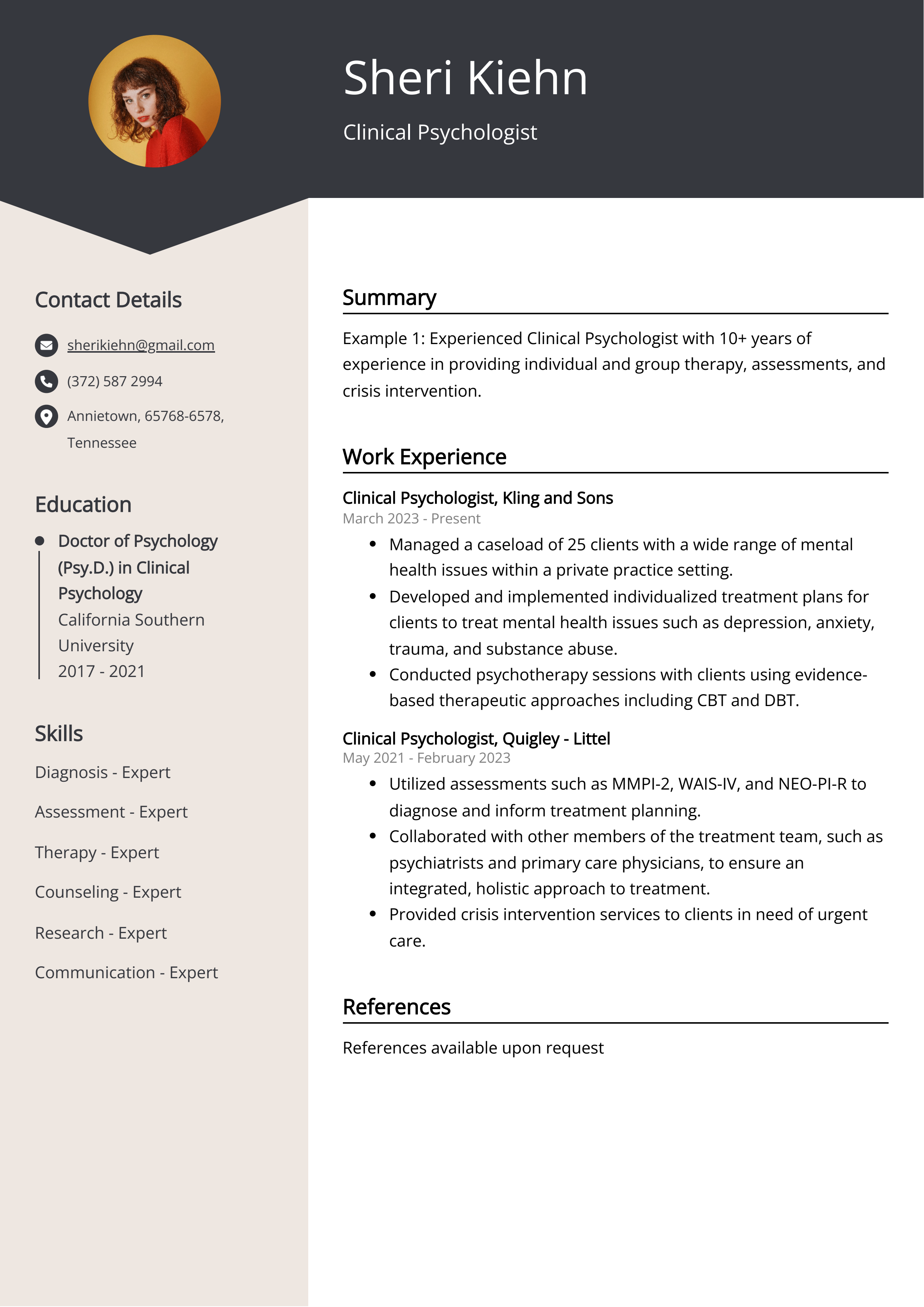 Clinical Psychologist CV Example