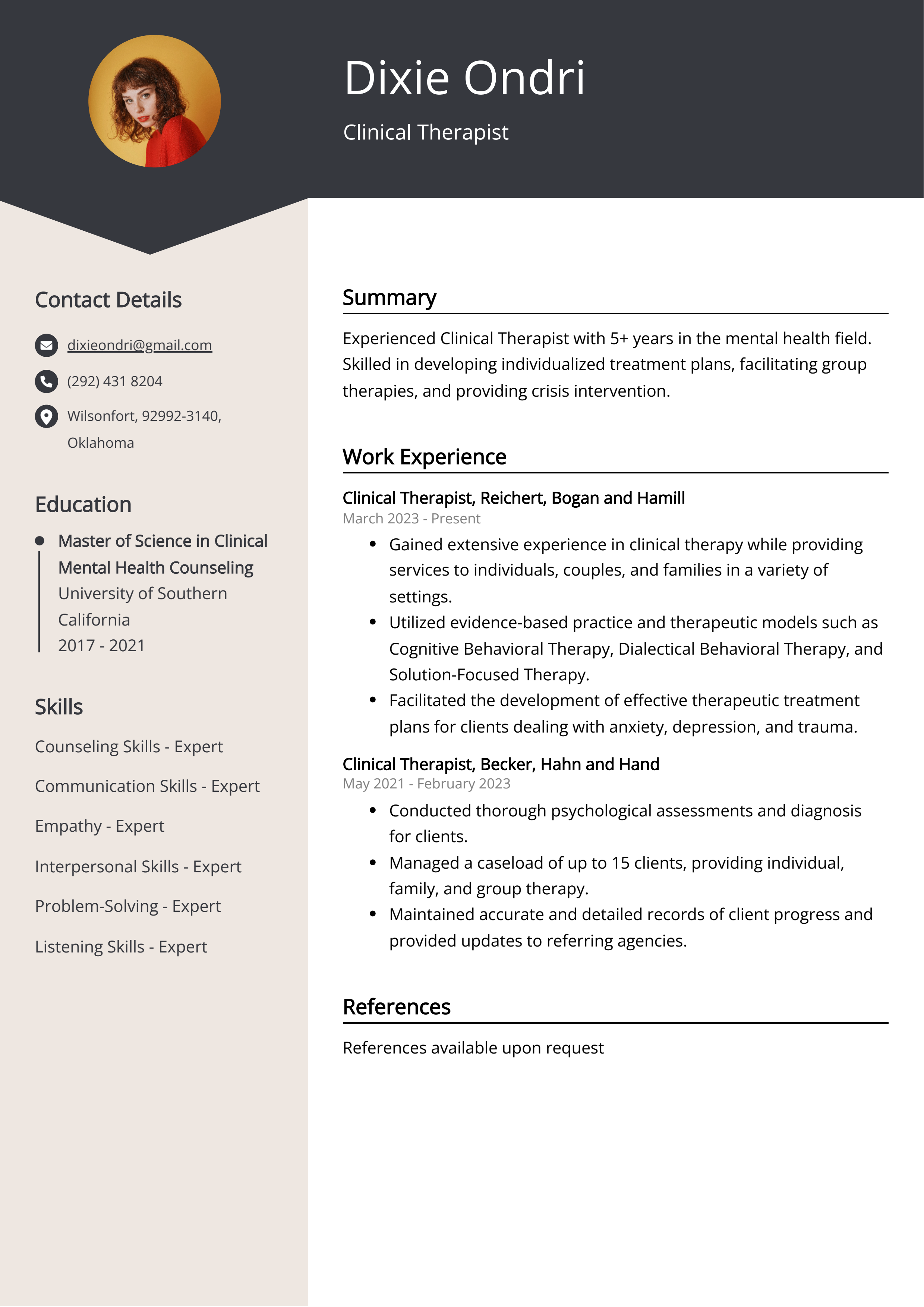 Clinical Therapist CV Example
