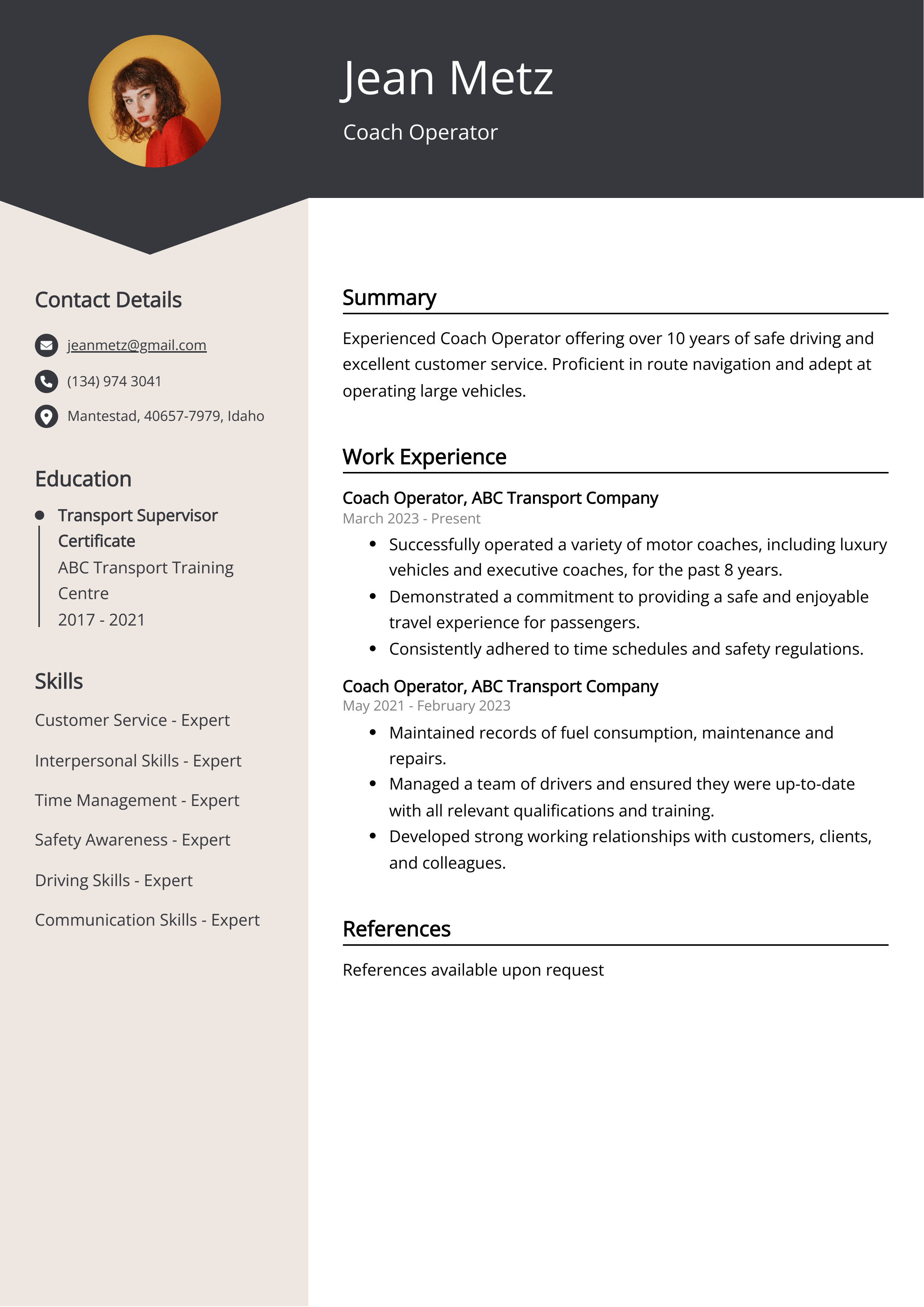 Coach Operator CV Example