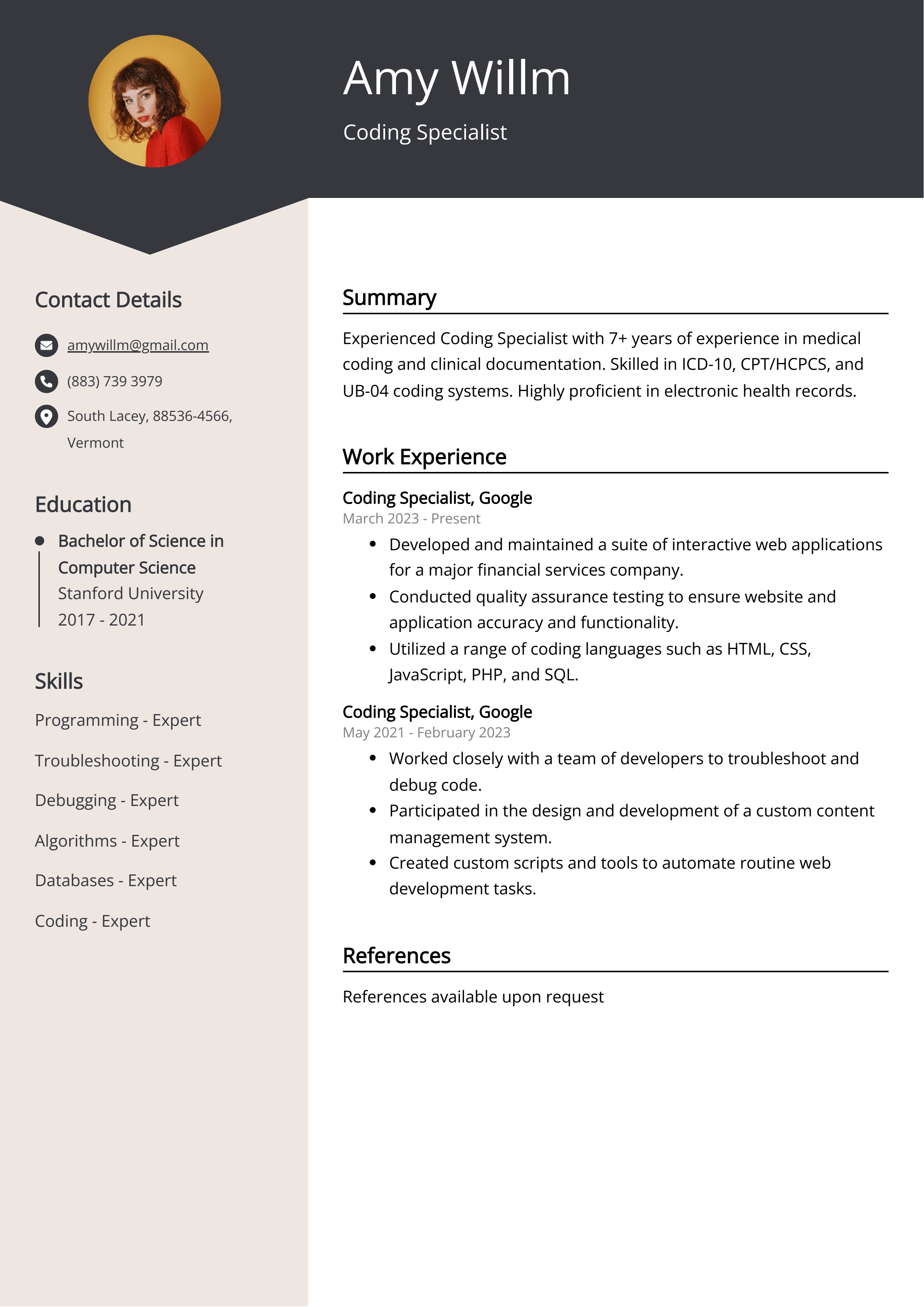 Coding Specialist CV Example