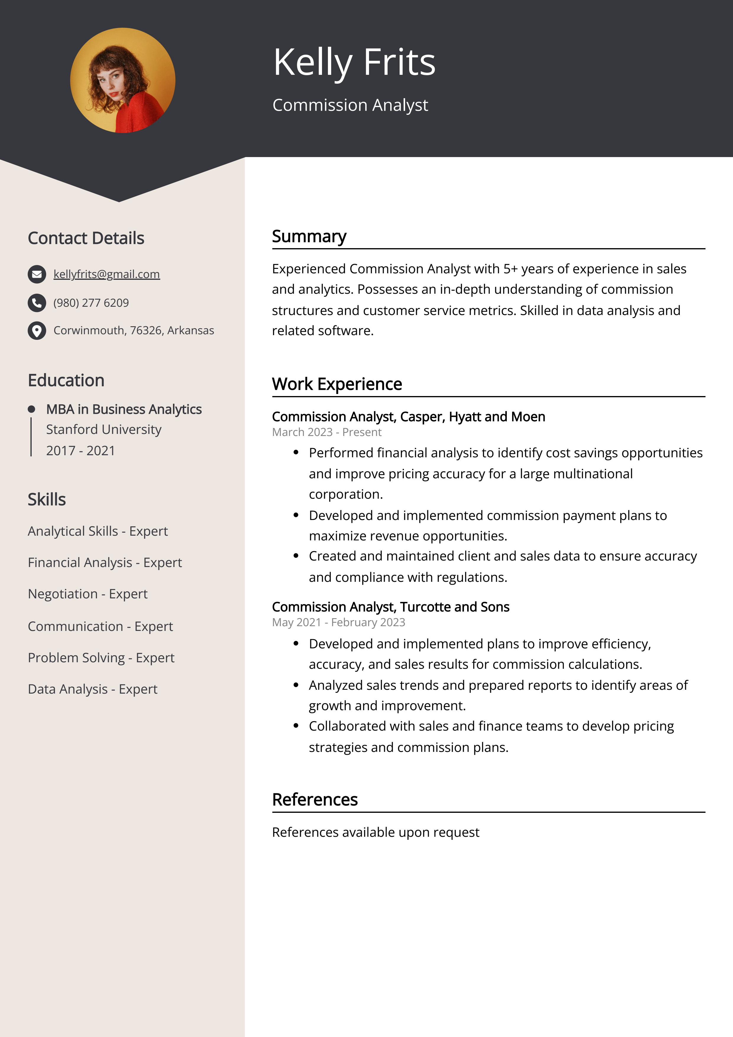 Commission Analyst CV Example