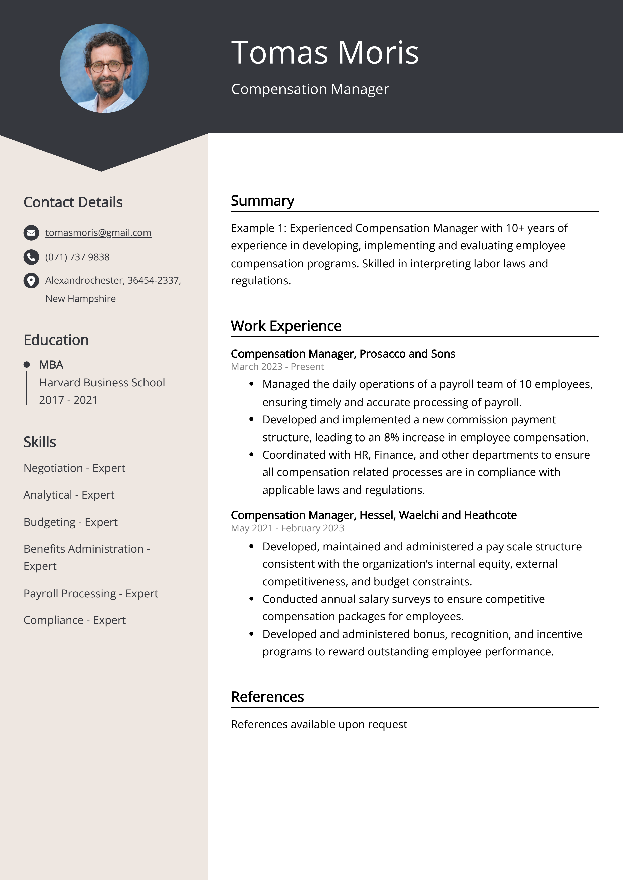 Compensation Manager CV Example