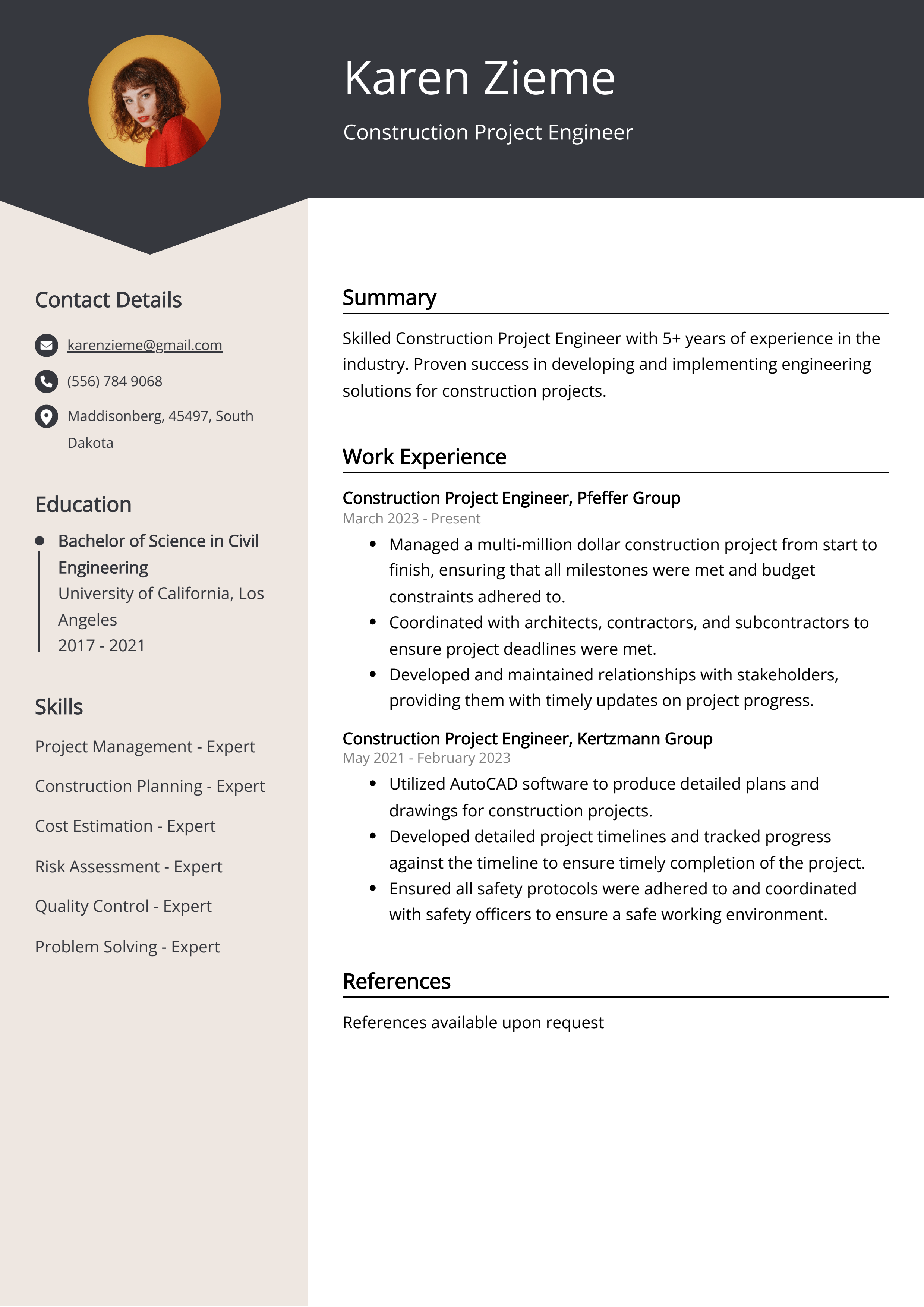 Construction Project Engineer CV Example