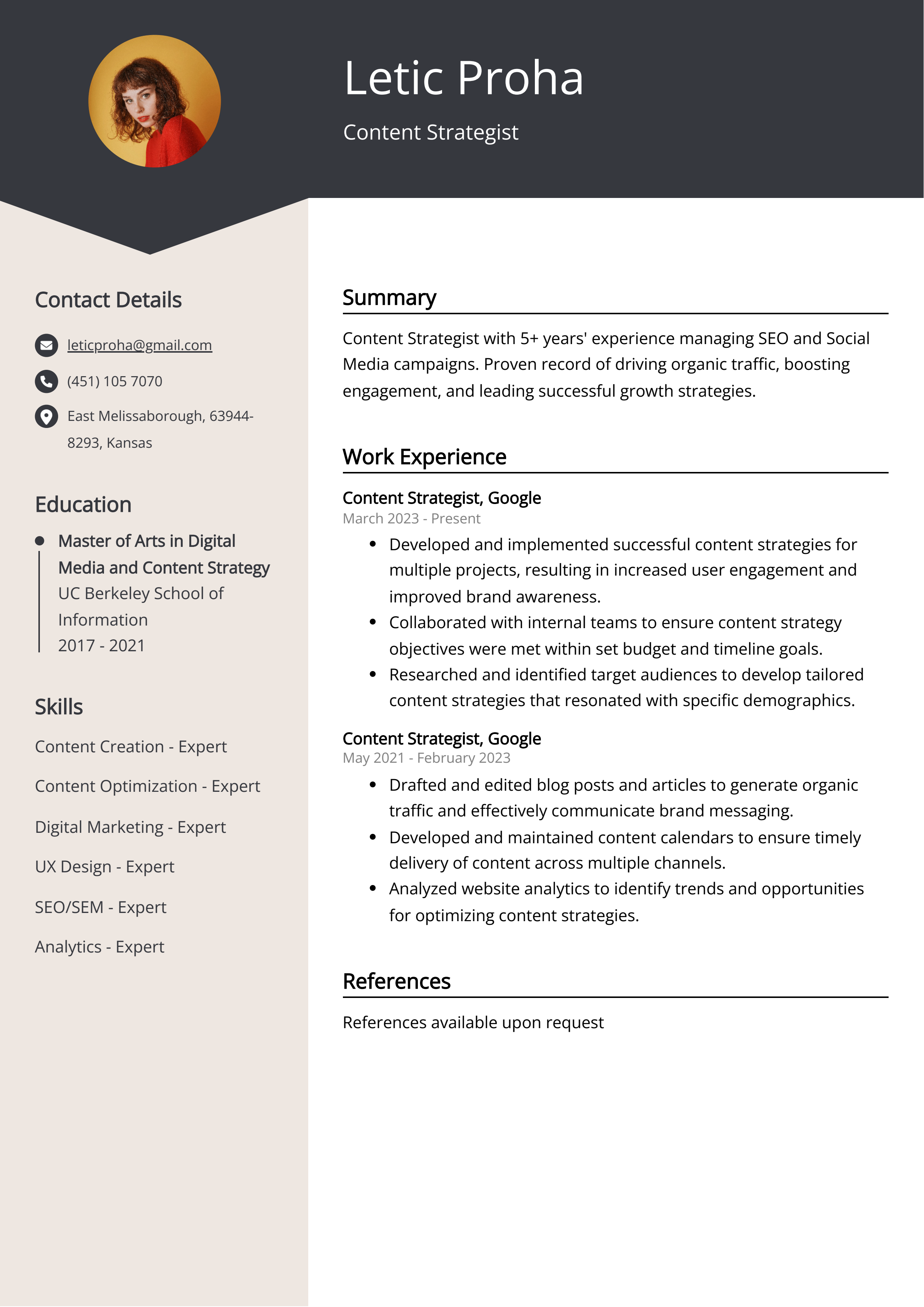 Content Strategist CV Example