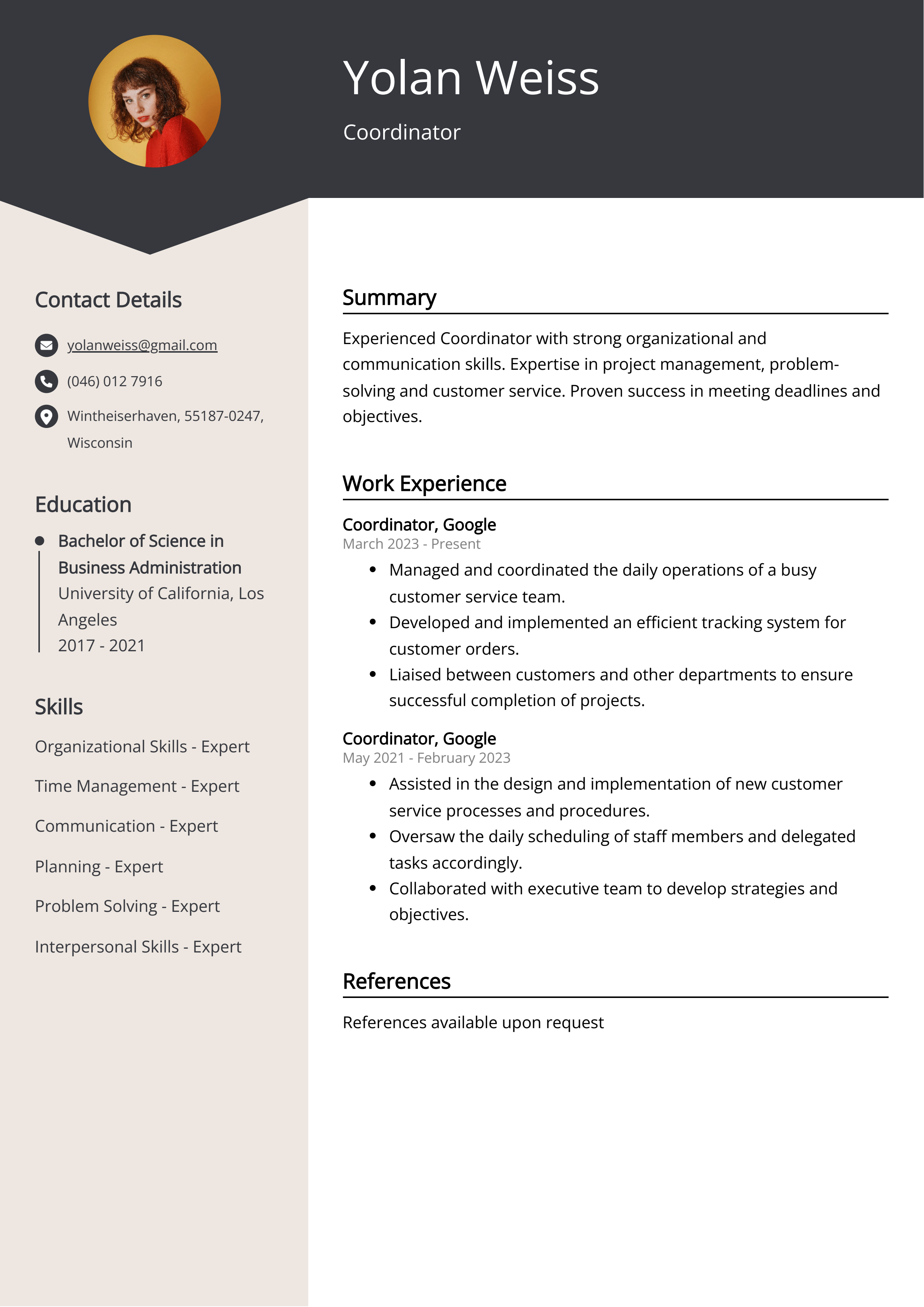 Coordinator CV Example