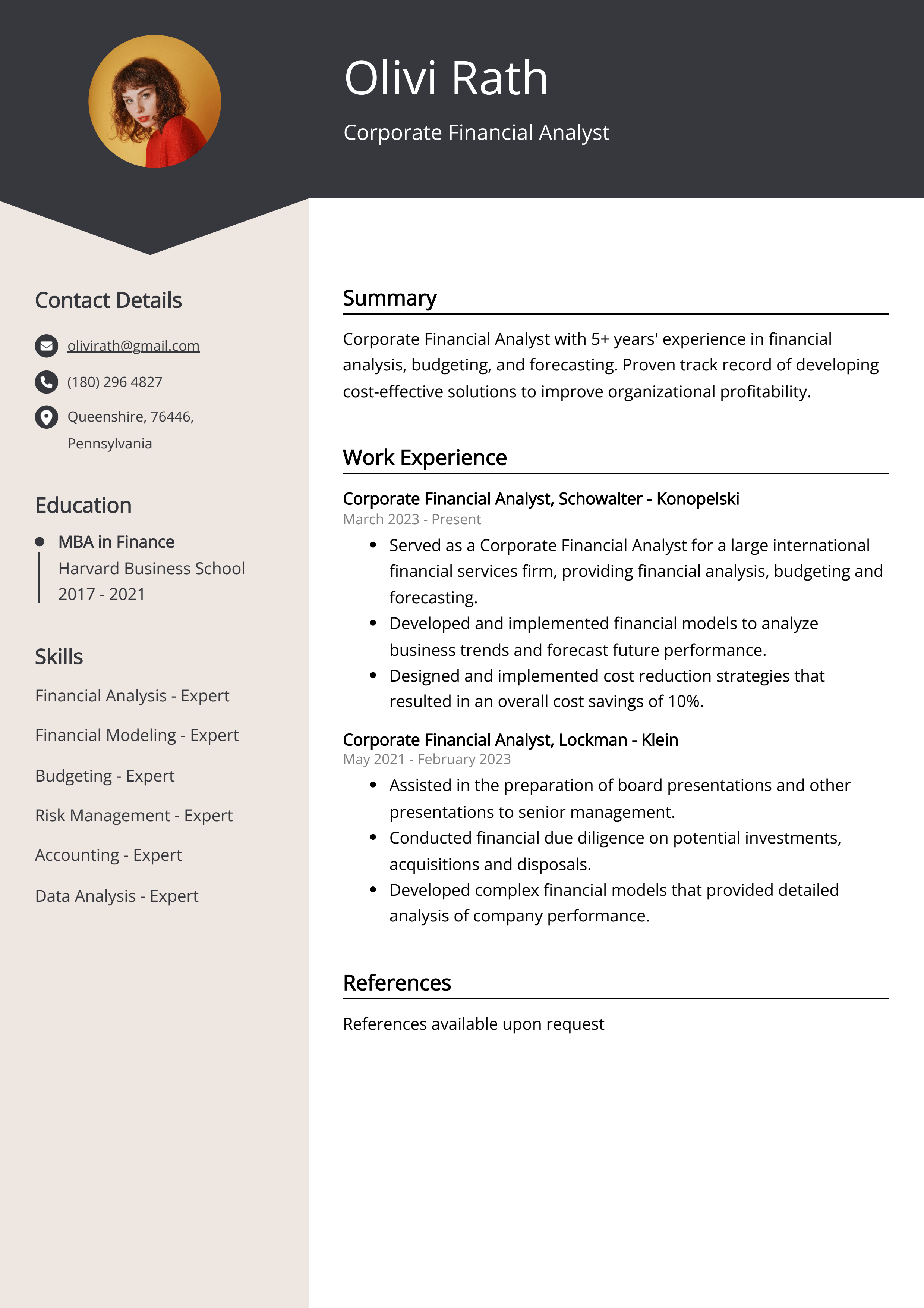 Corporate Financial Analyst CV Example