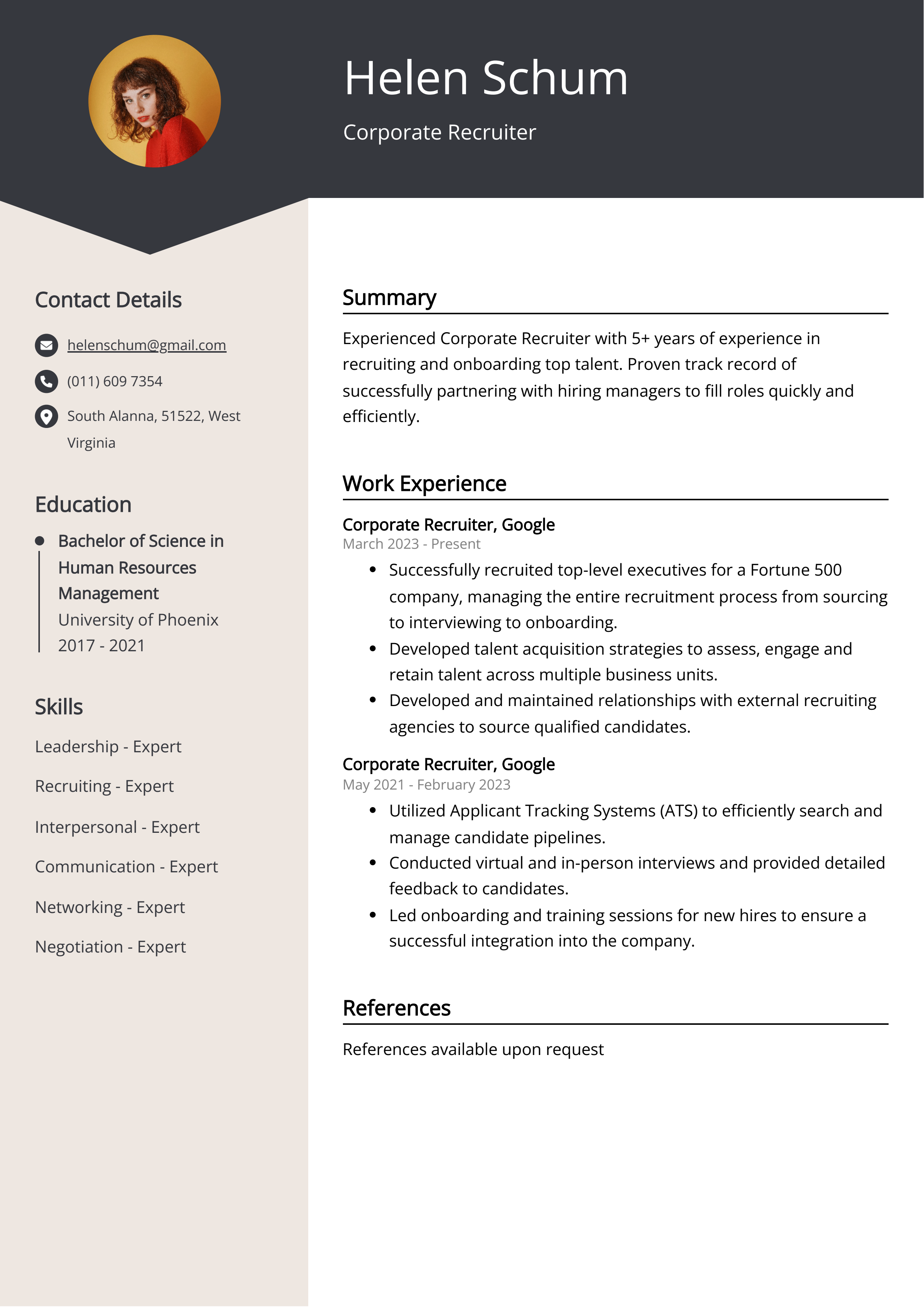 Corporate Recruiter CV Example