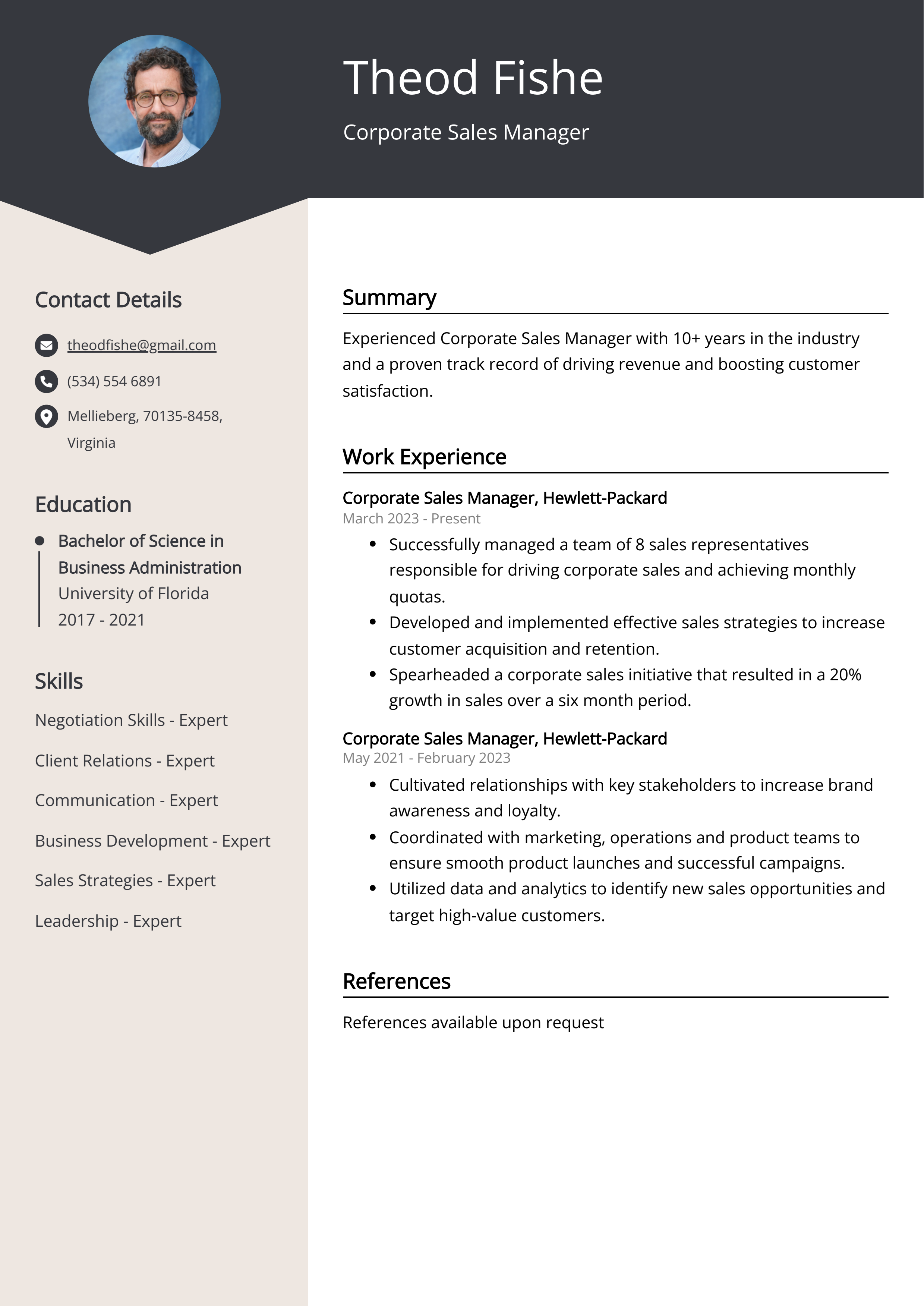 Corporate Sales Manager CV Example