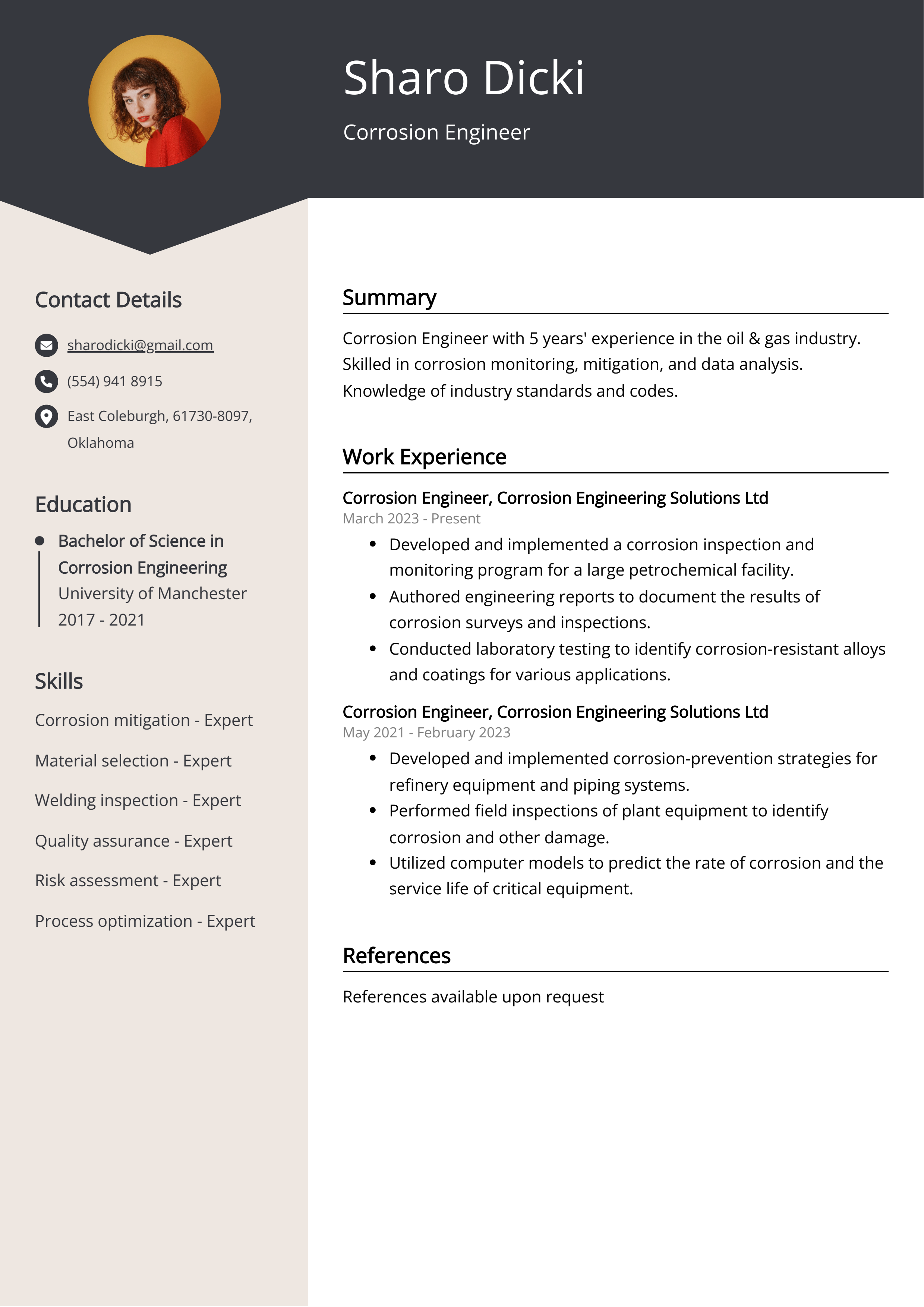 Corrosion Engineer CV Example