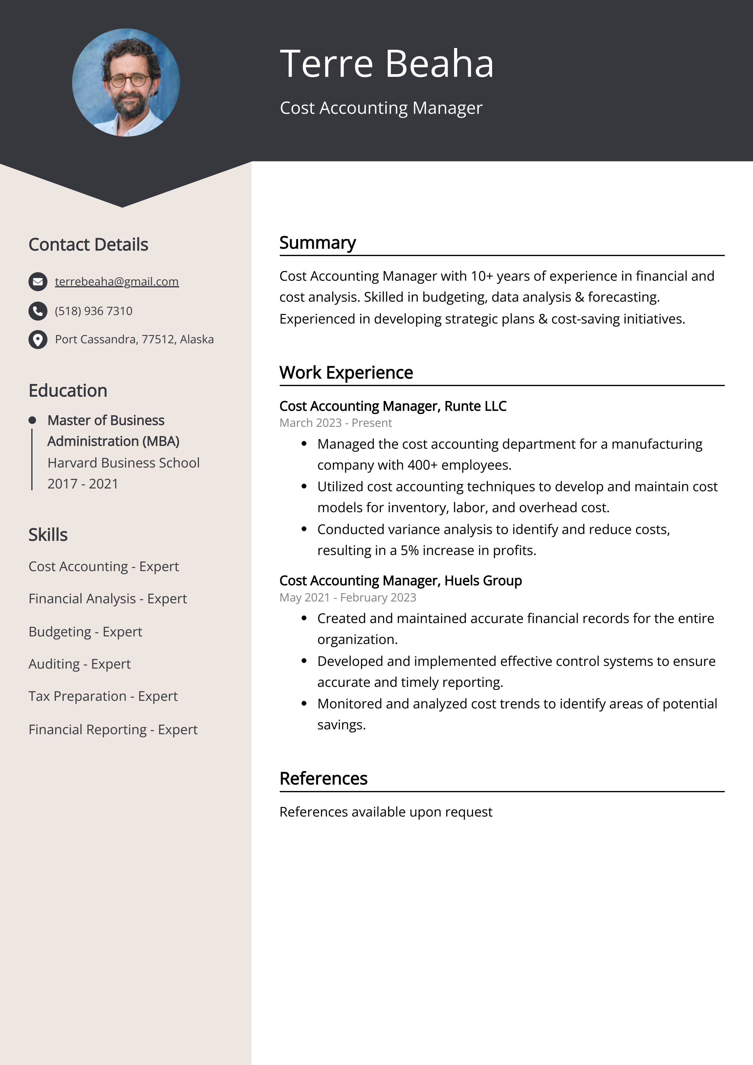 Cost Accounting Manager CV Example