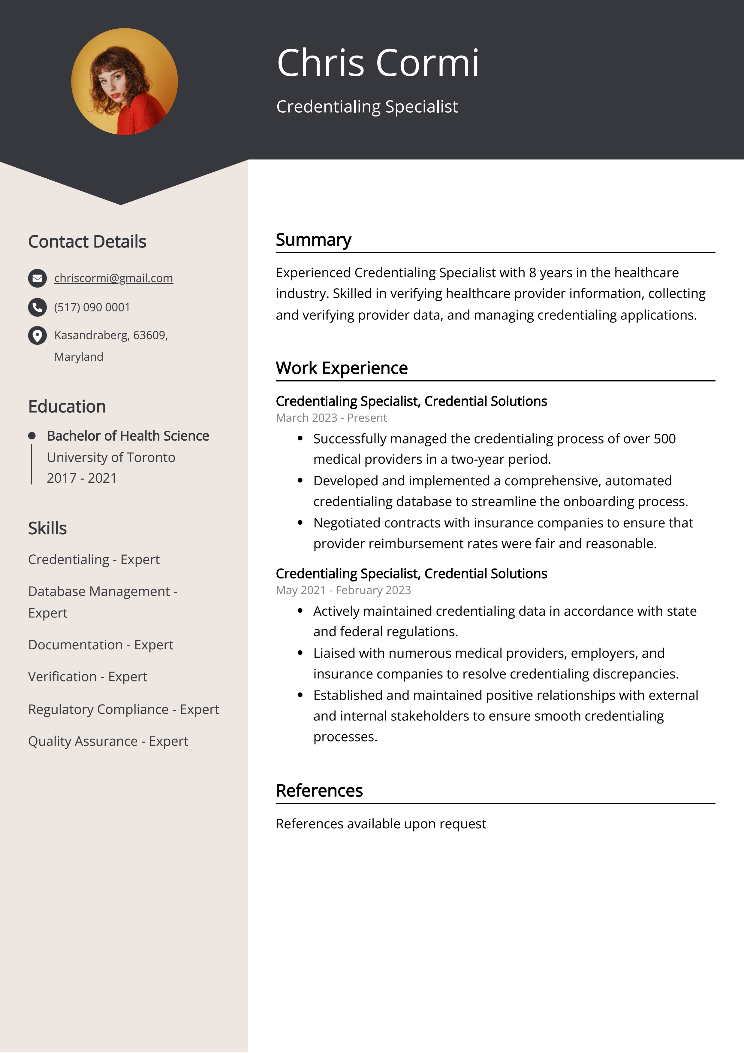 Credentialing Specialist CV Example