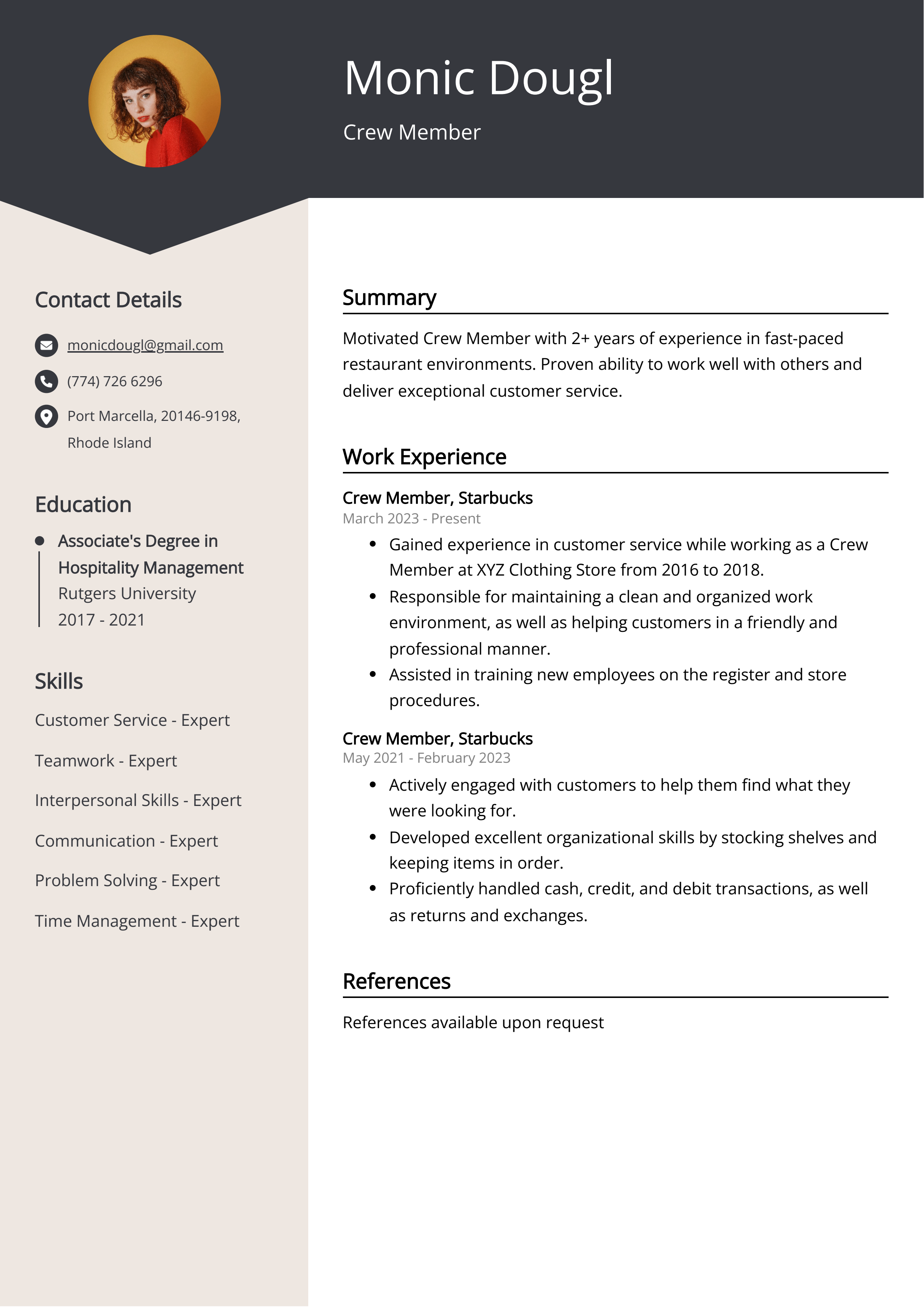 Crew Member CV Example