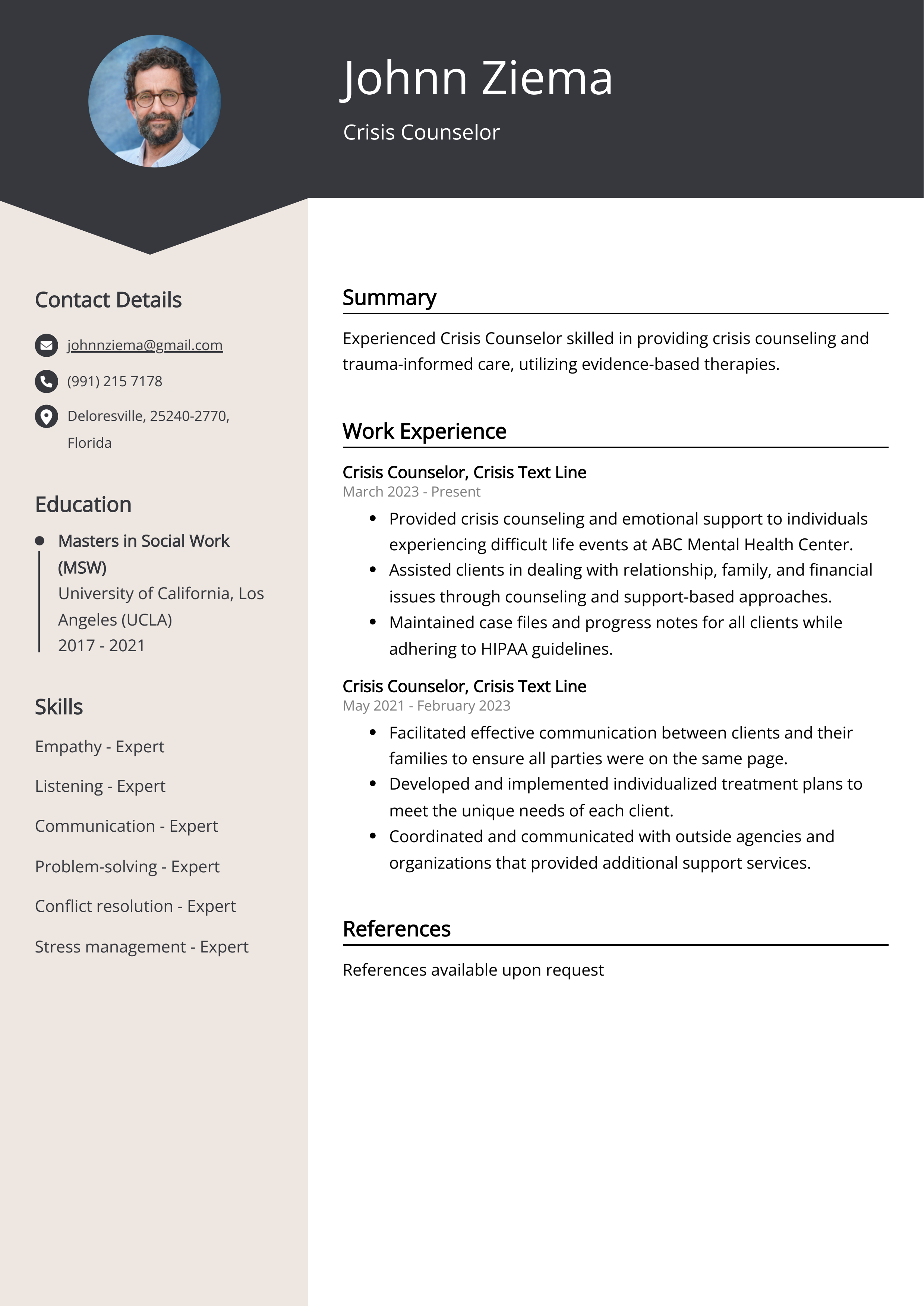 Crisis Counselor CV Example