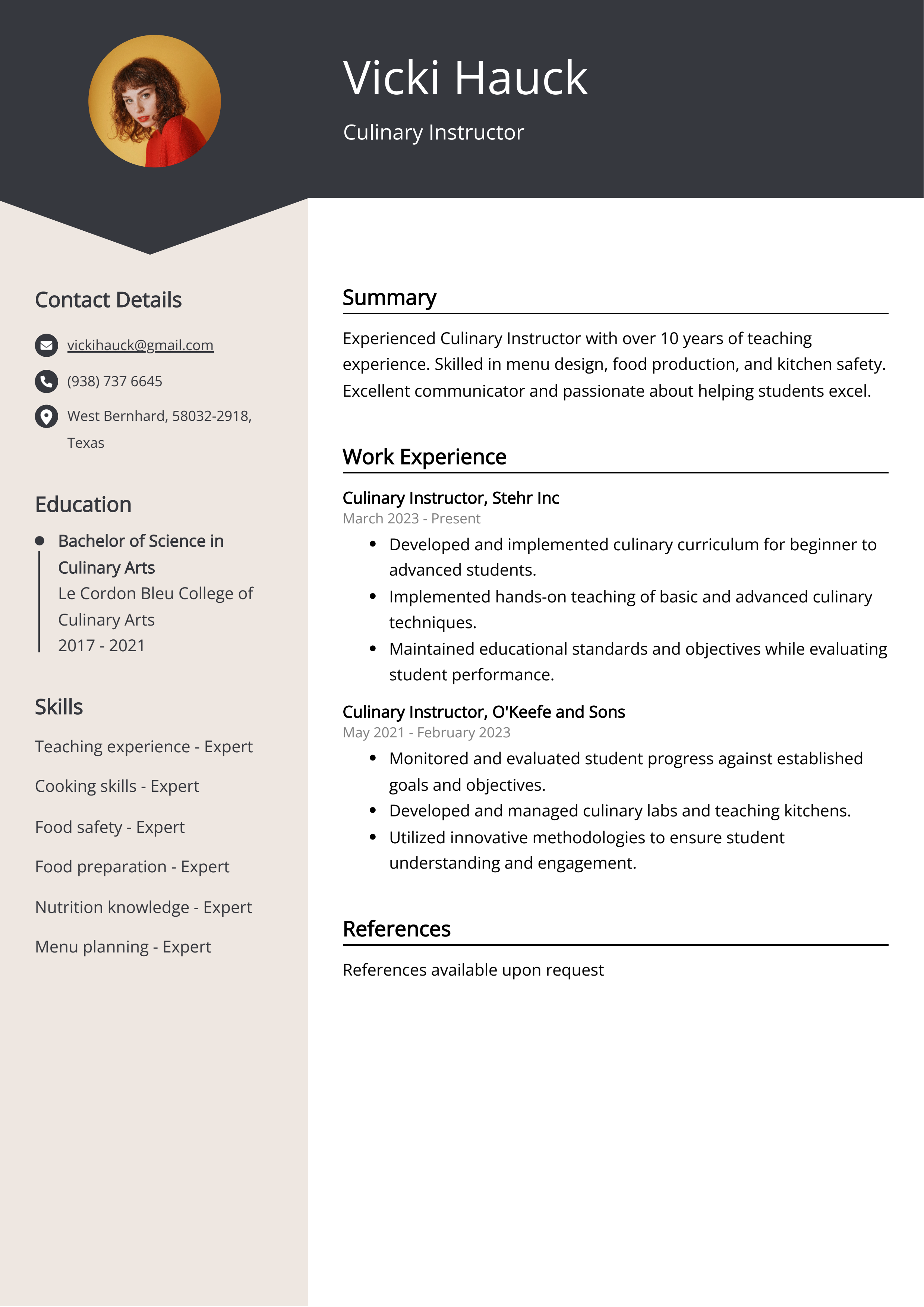 Culinary Instructor CV Example