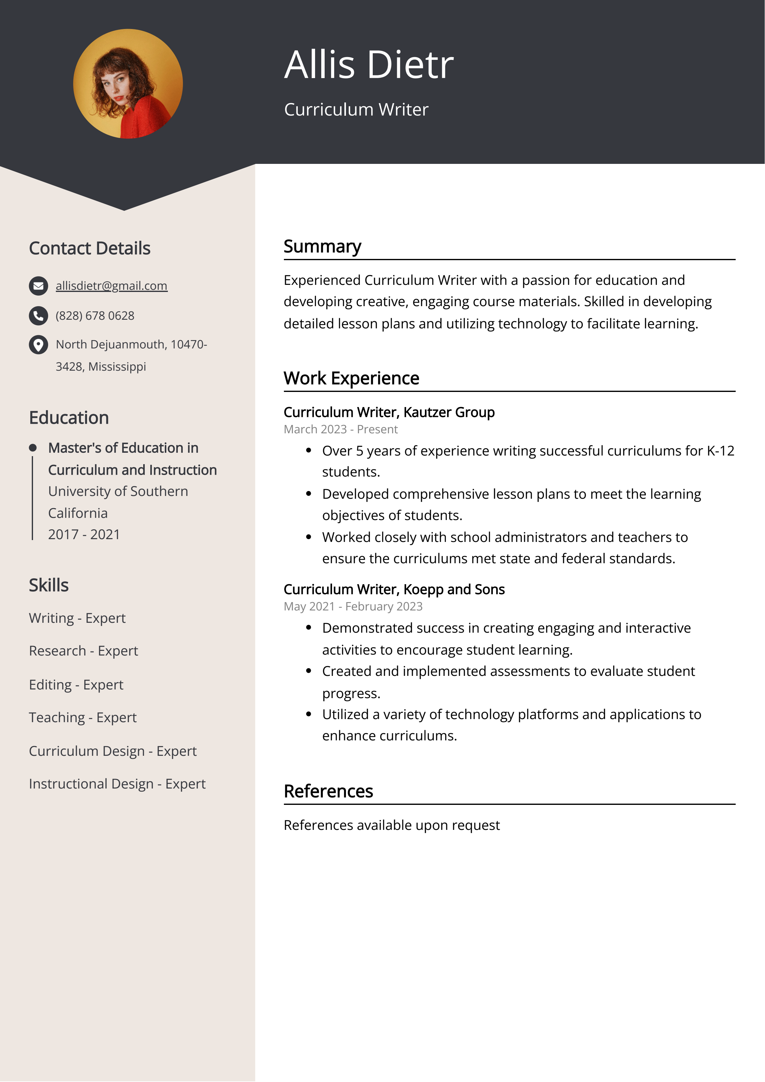 Curriculum Writer CV Example