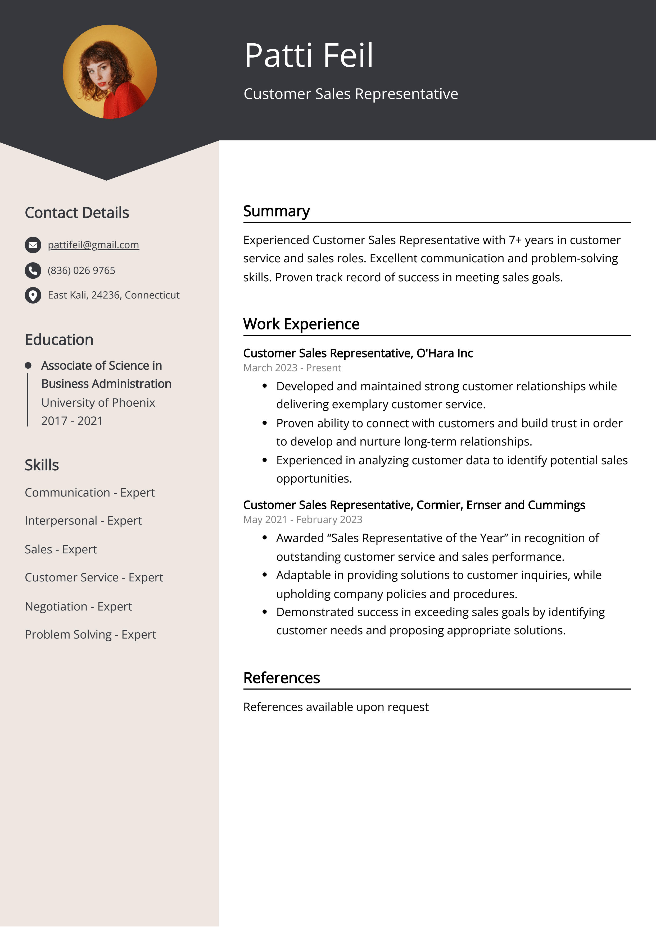 Customer Sales Representative CV Example