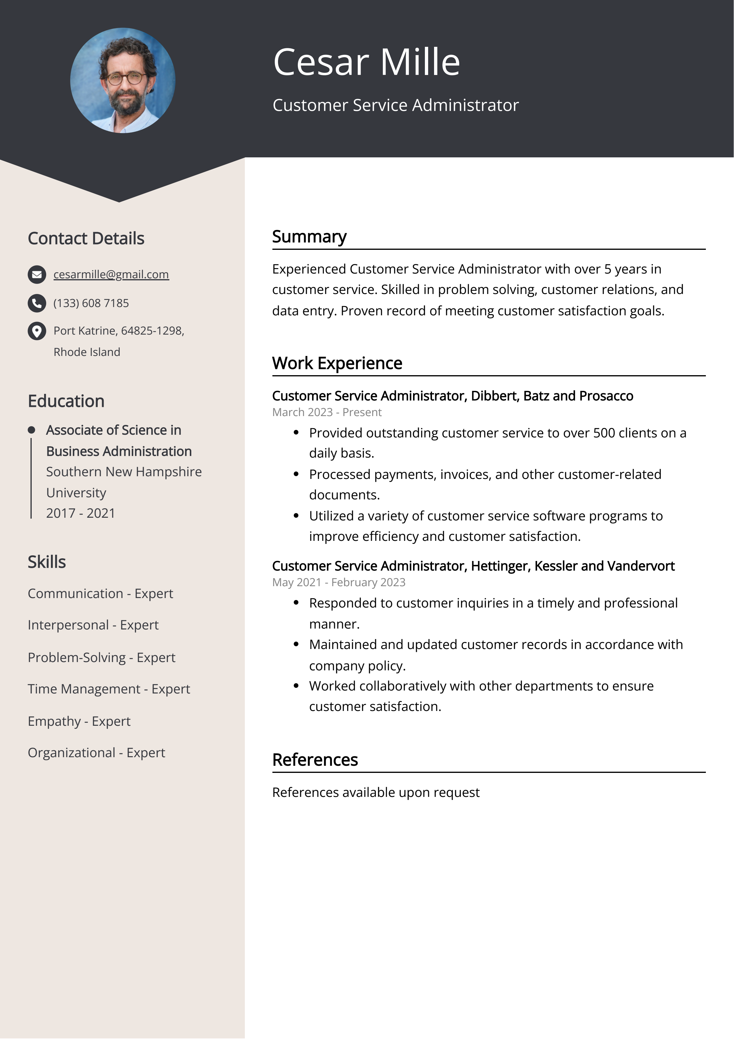 Customer Service Administrator CV Example