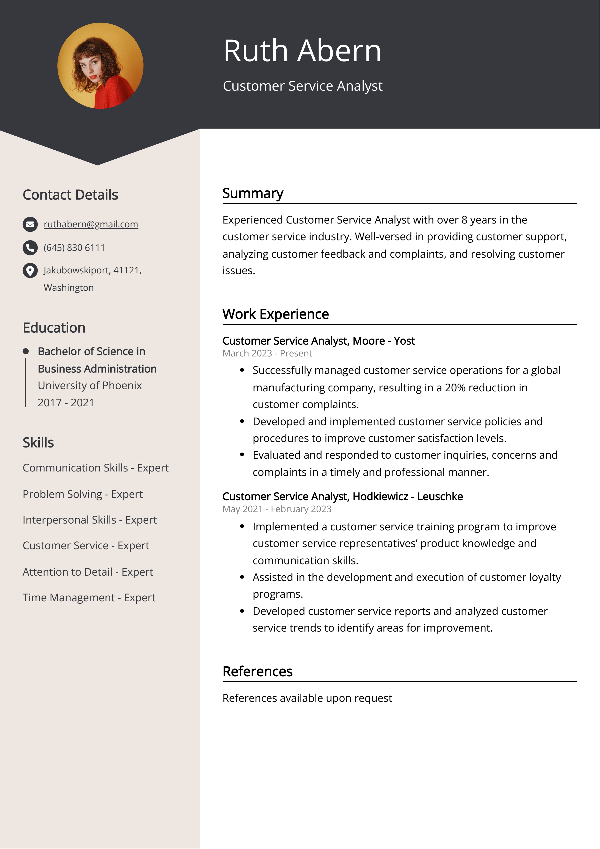 Customer Service Analyst CV Example