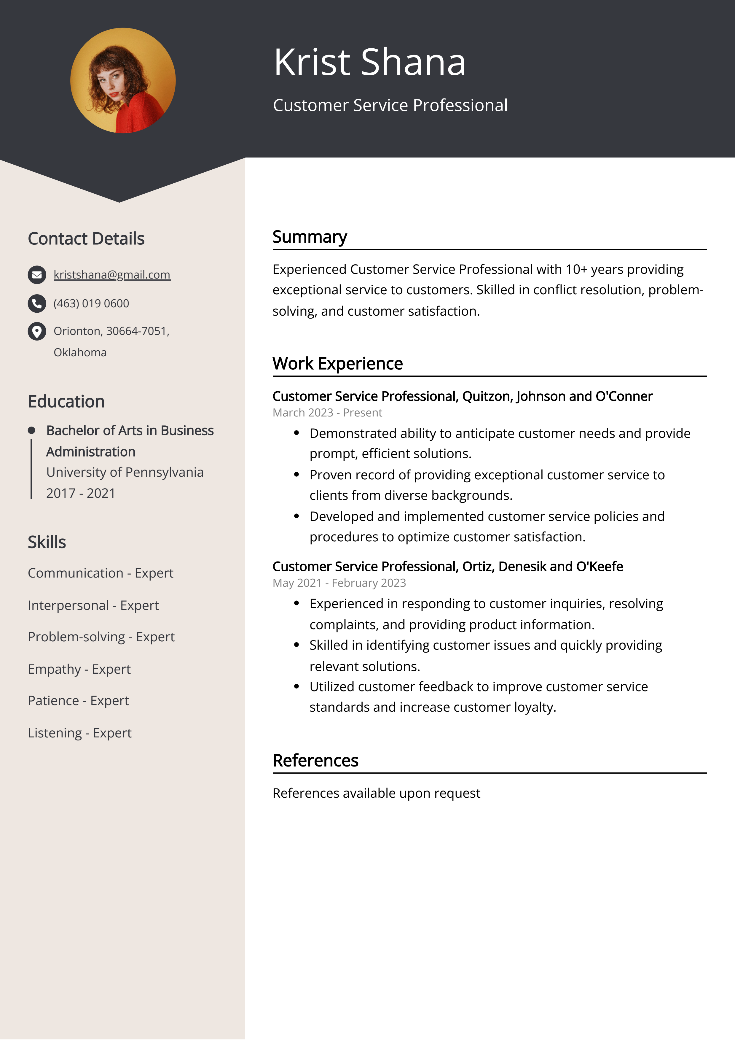 Customer Service Professional CV Example