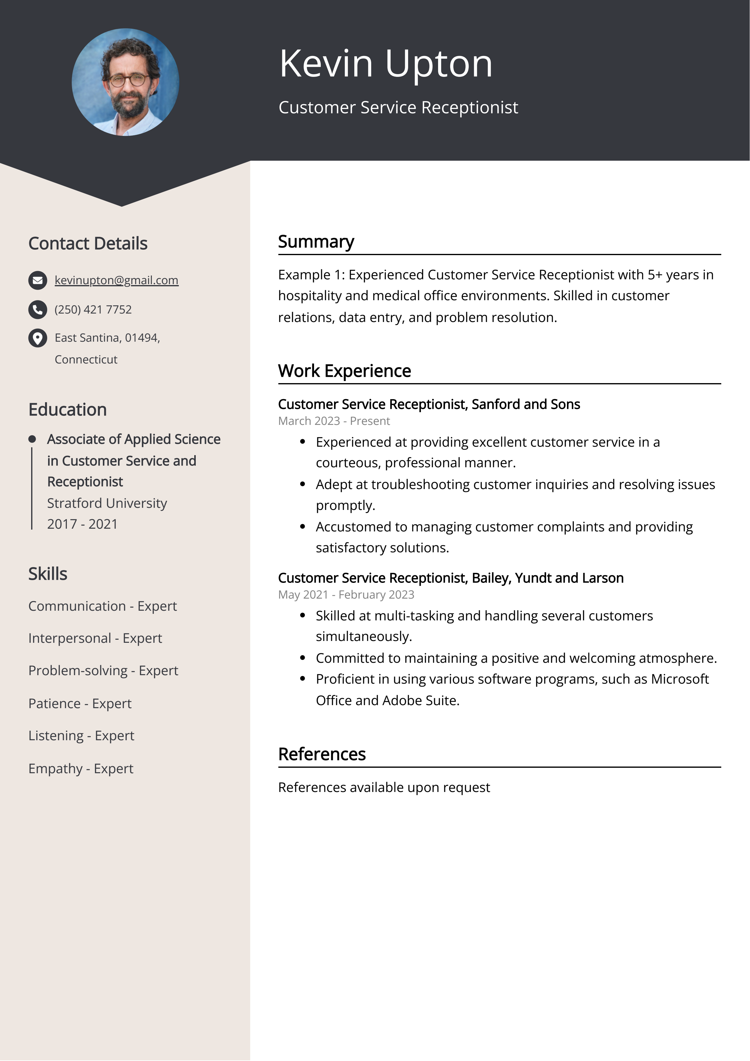 Customer Service Receptionist CV Example