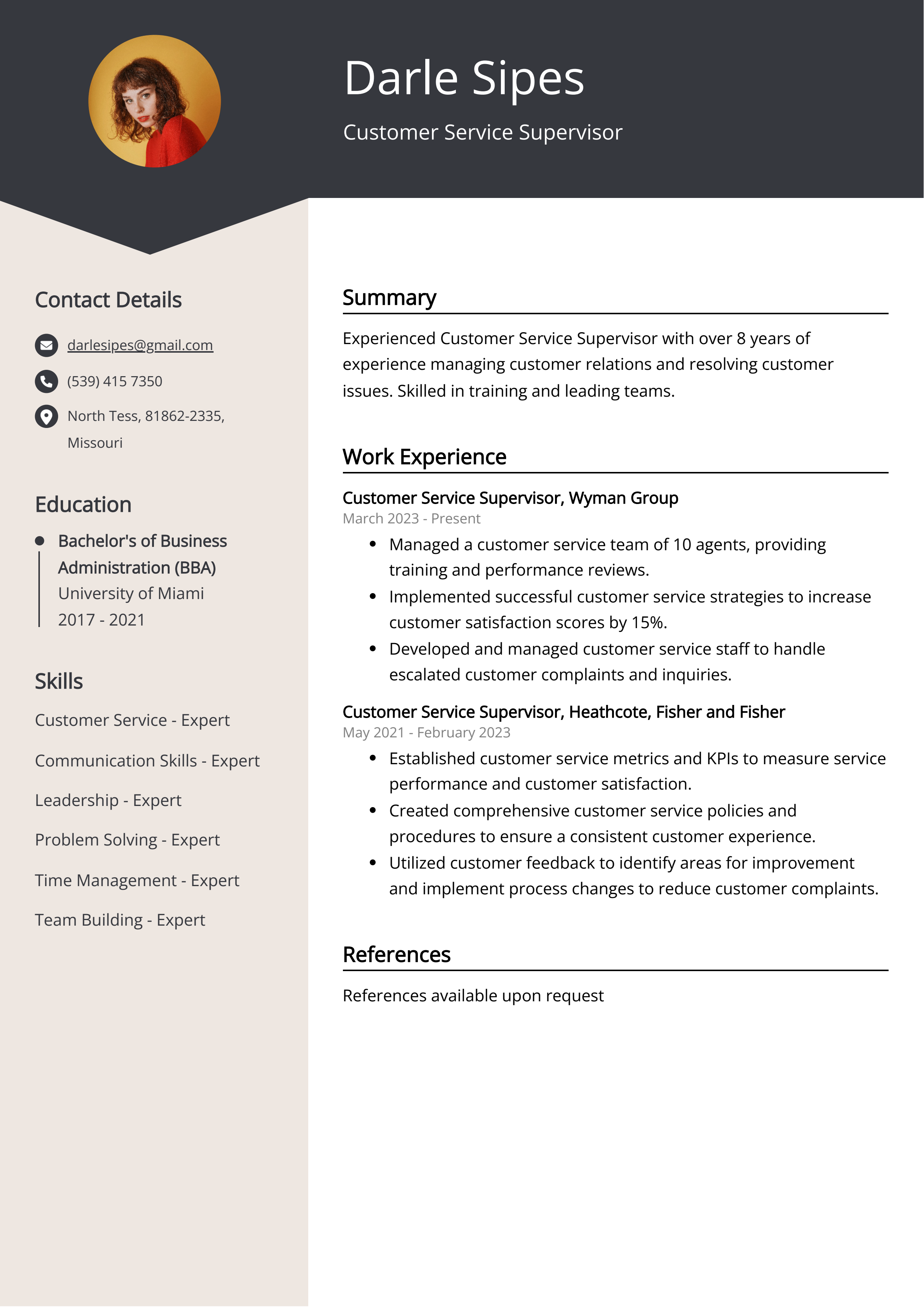 Customer Service Supervisor CV Example