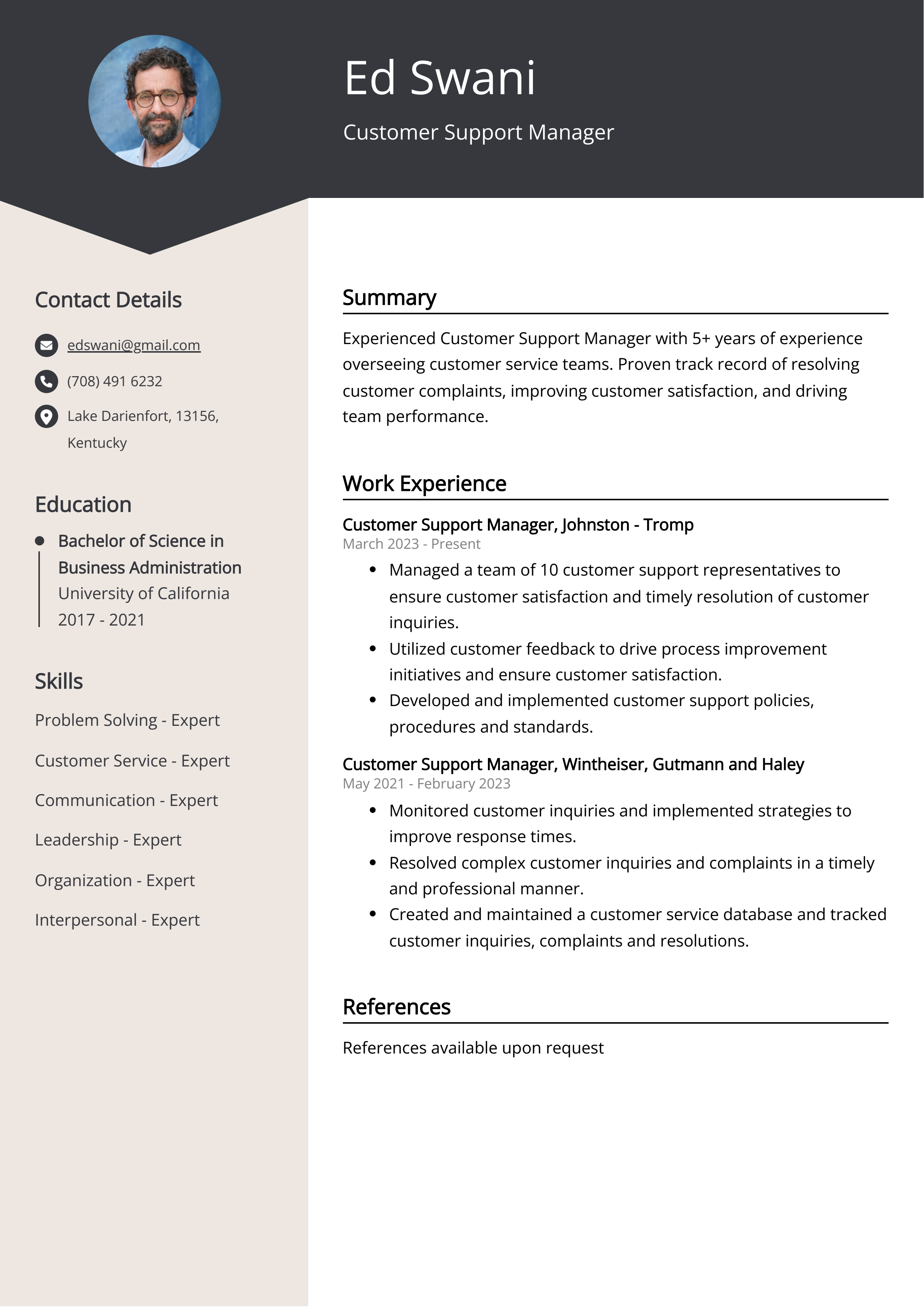 Customer Support Manager CV Example