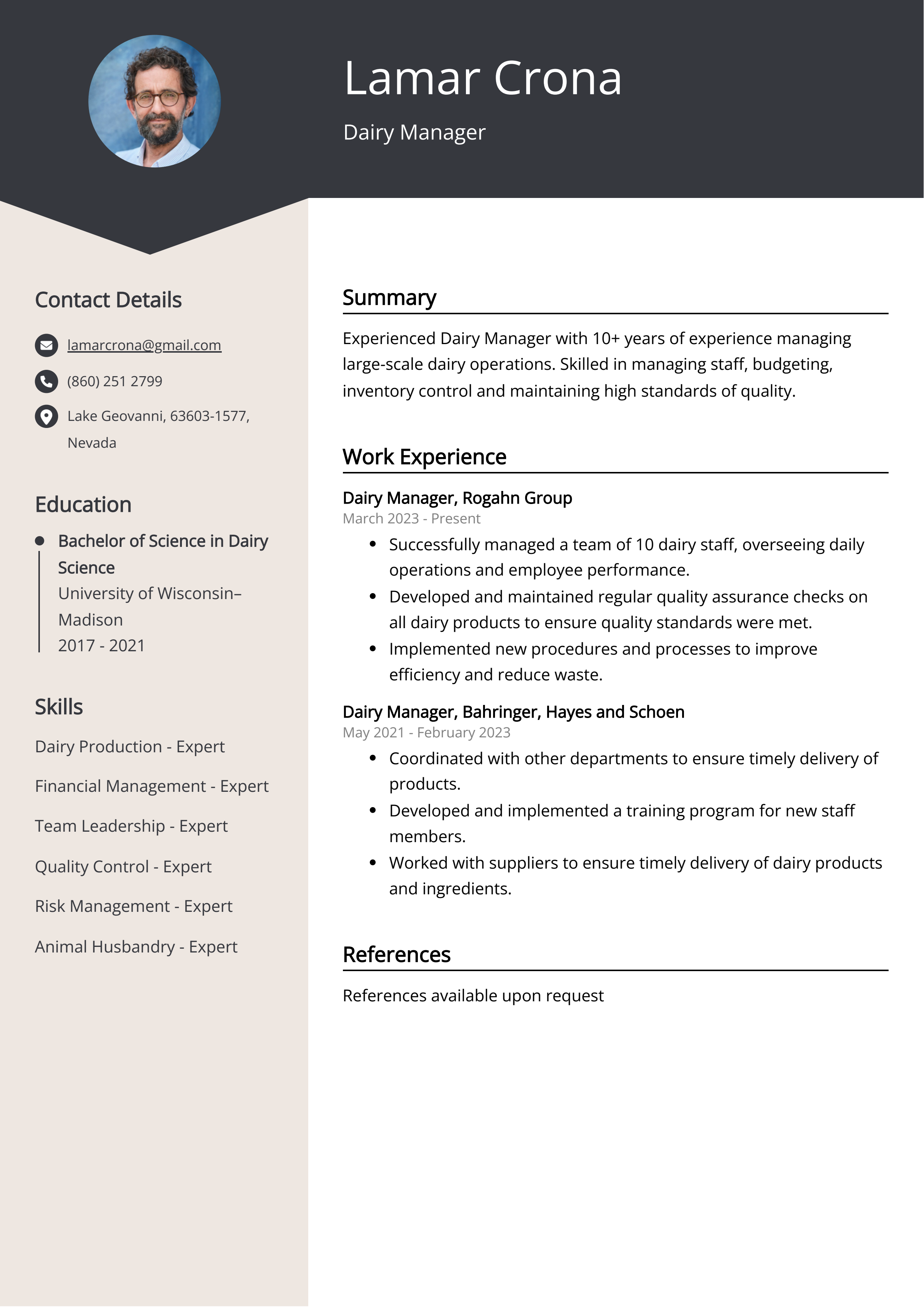 Dairy Manager CV Example