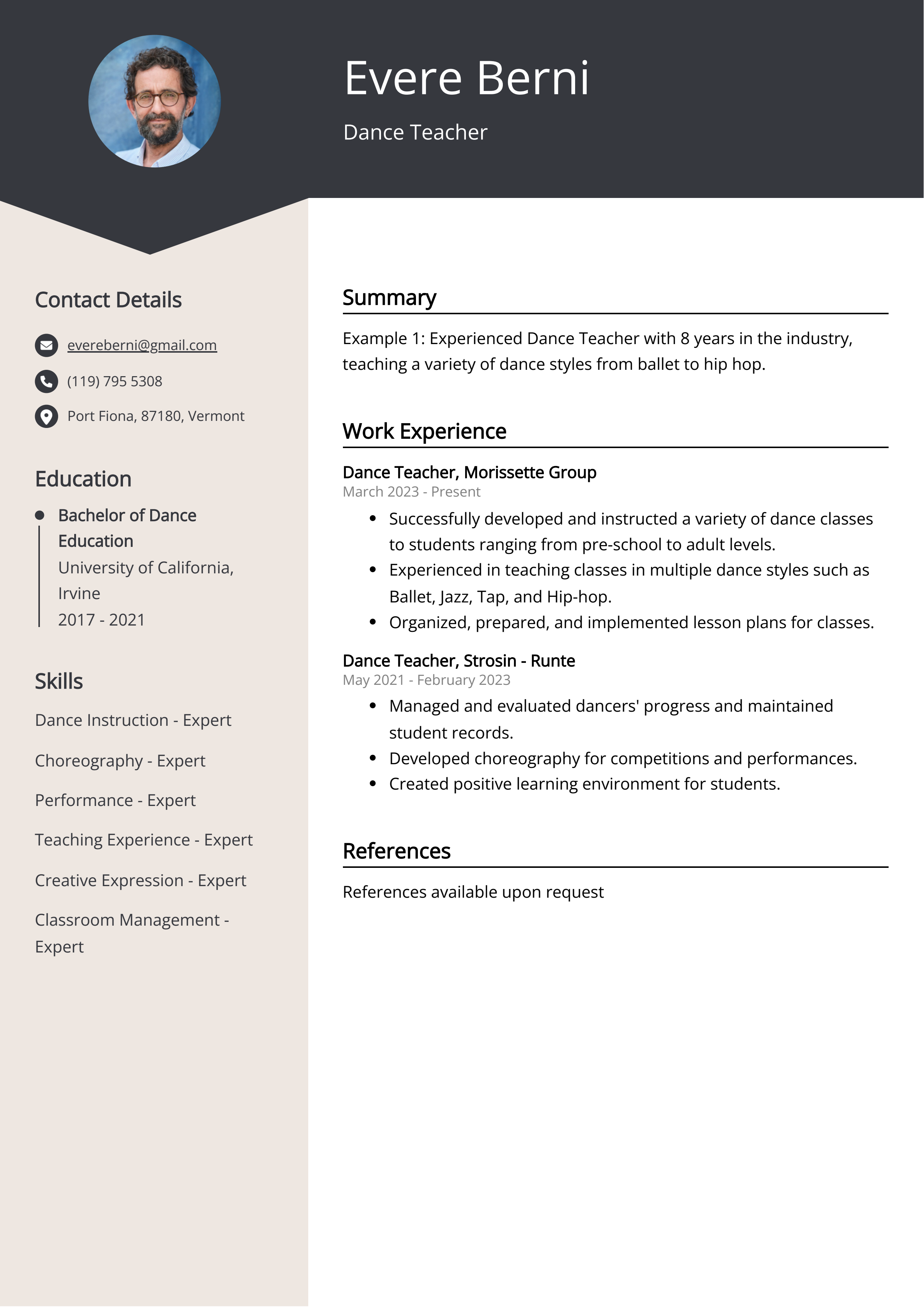 Dance Teacher CV Example