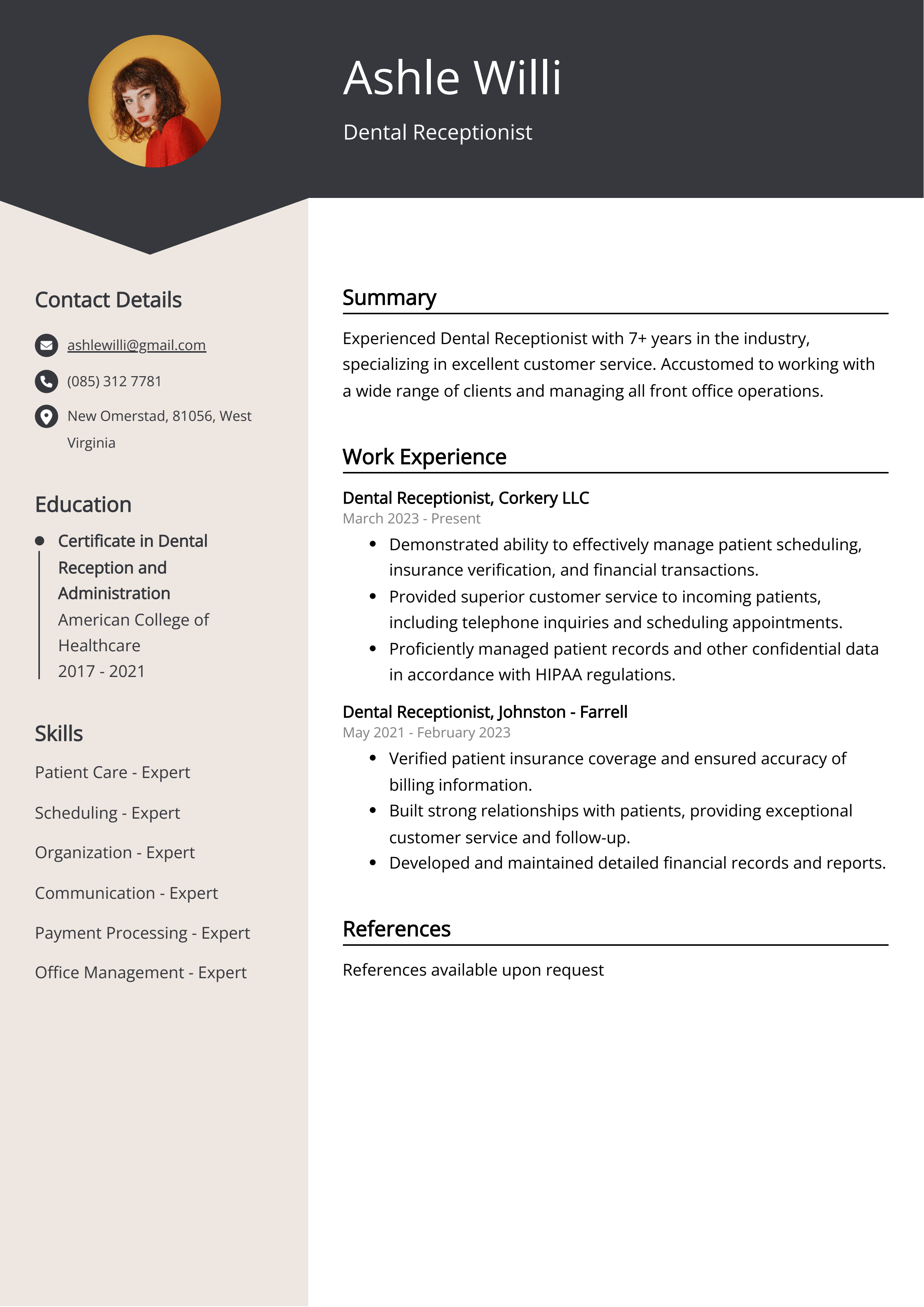 Dental Receptionist CV Example