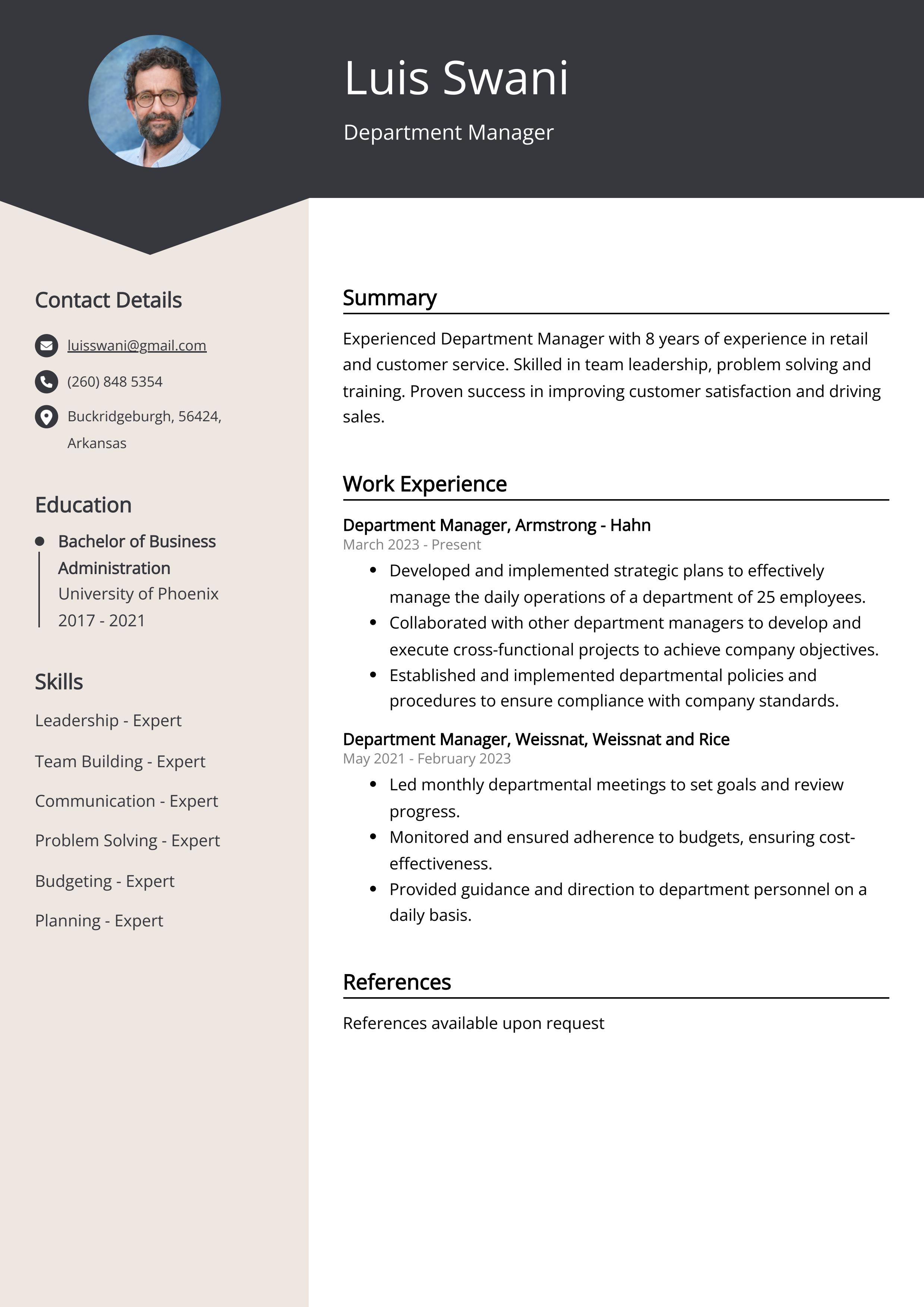 Department Manager CV Example