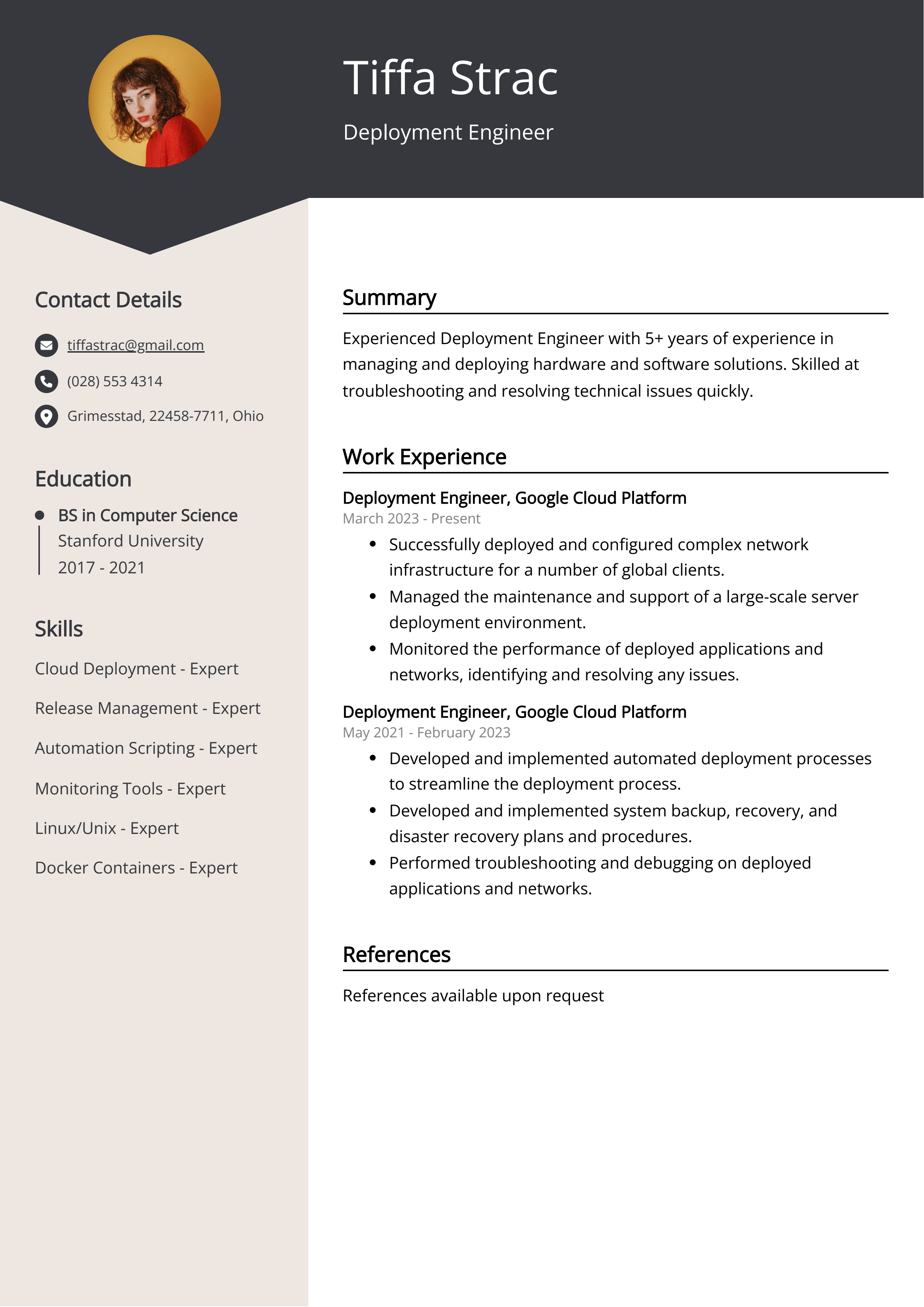 Deployment Engineer CV Example