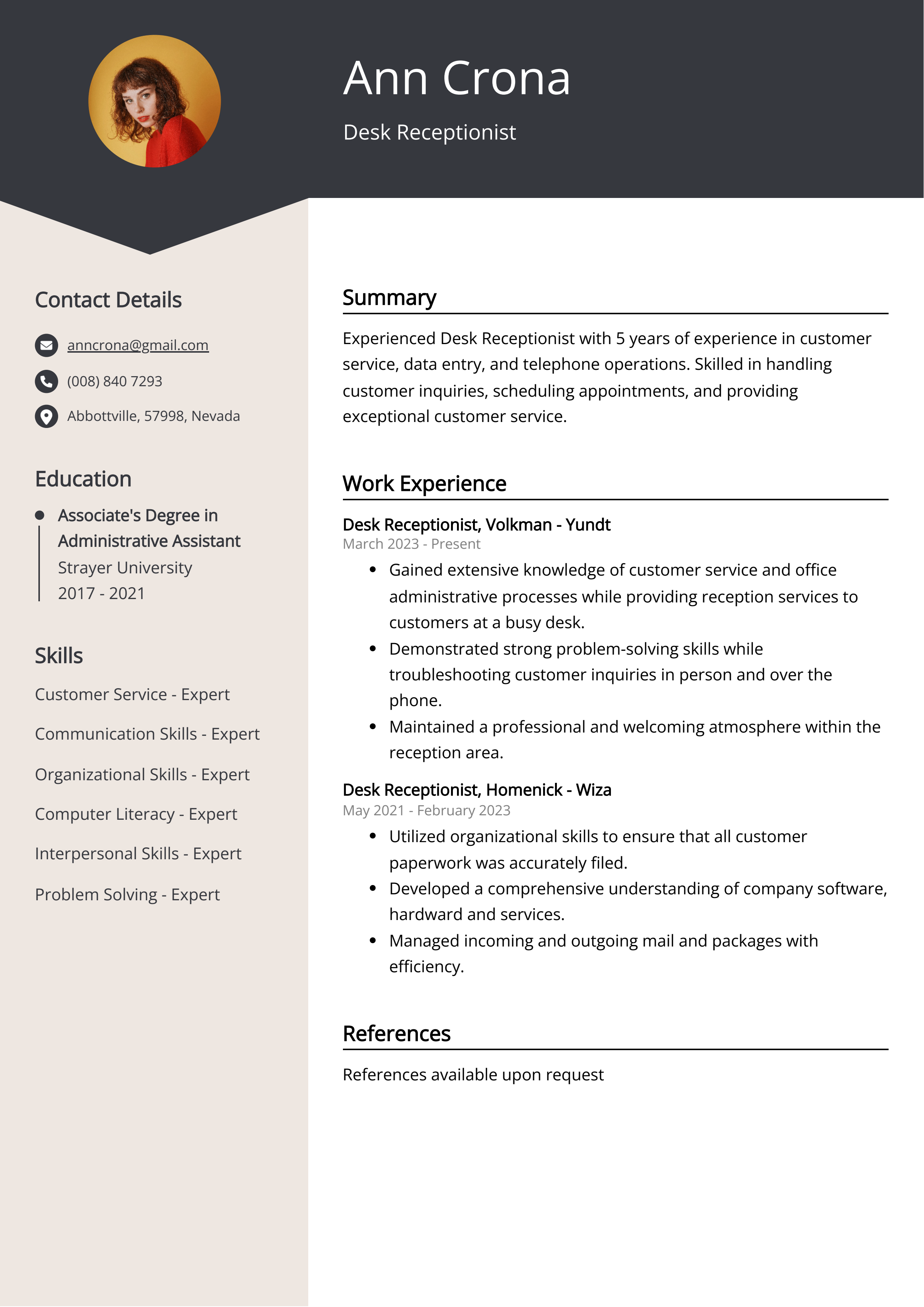 Desk Receptionist CV Example