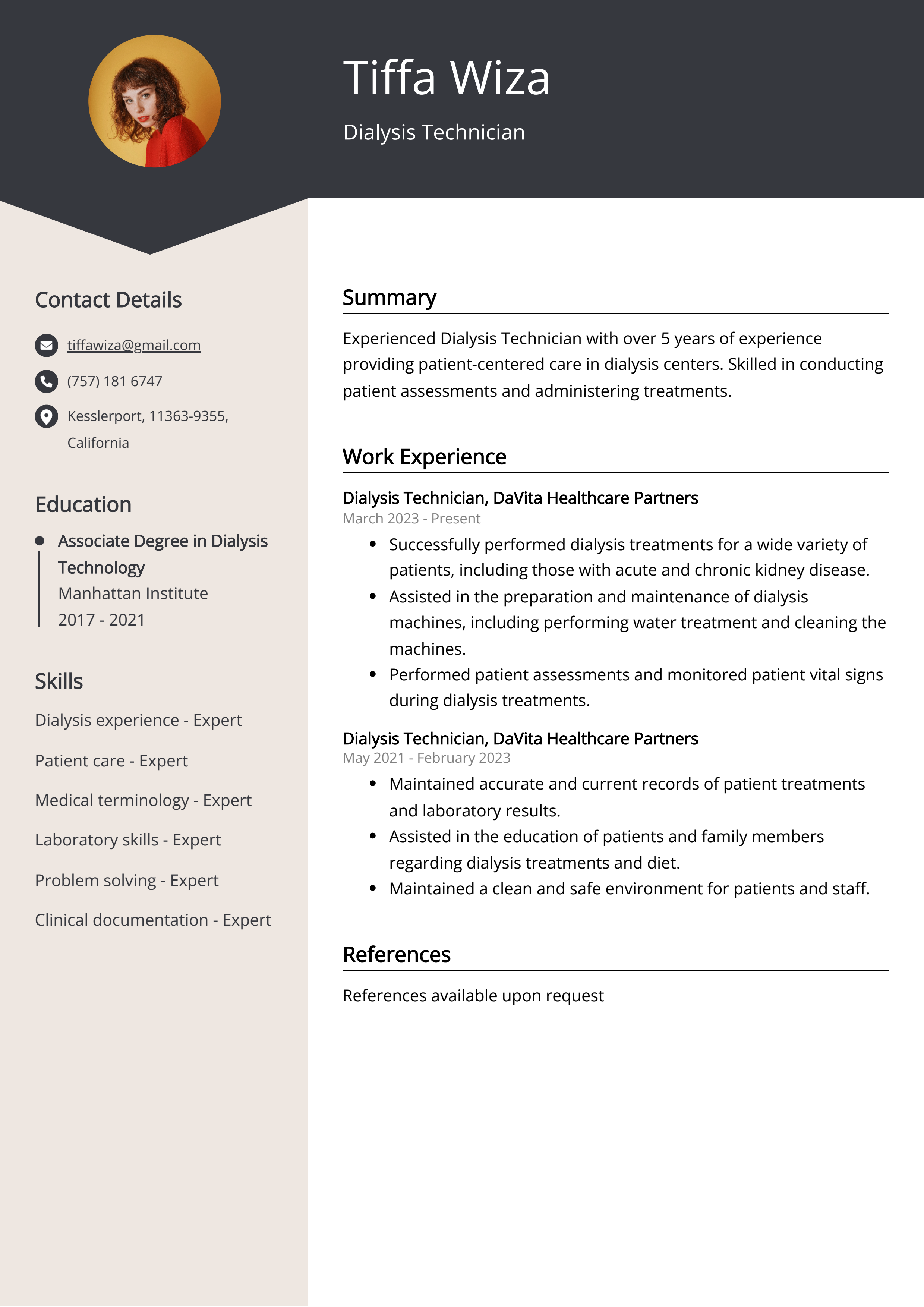 Dialysis Technician CV Example