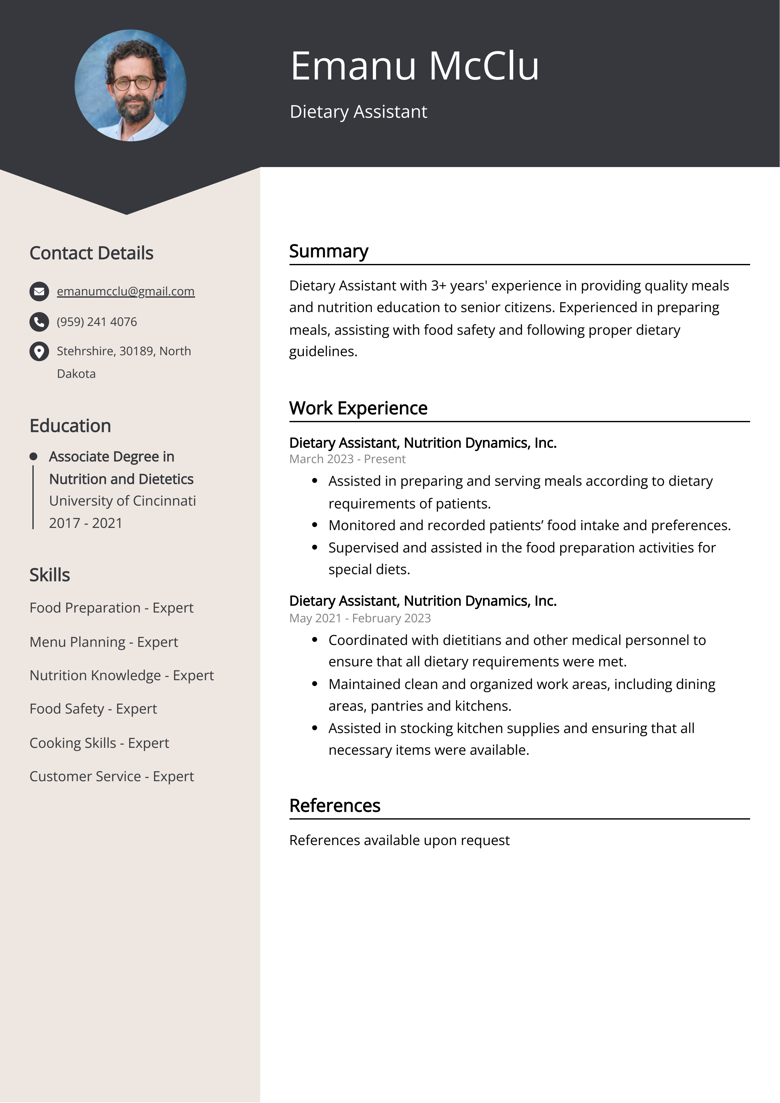 Dietary Assistant CV Example