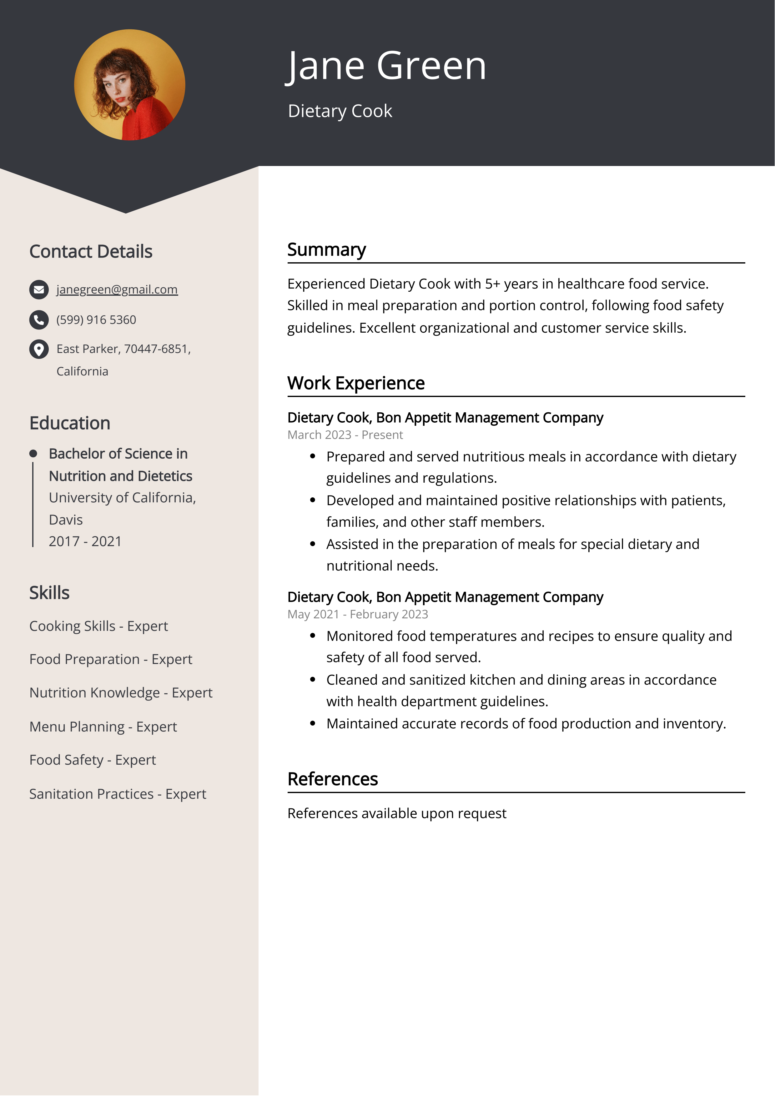Dietary Cook CV Example
